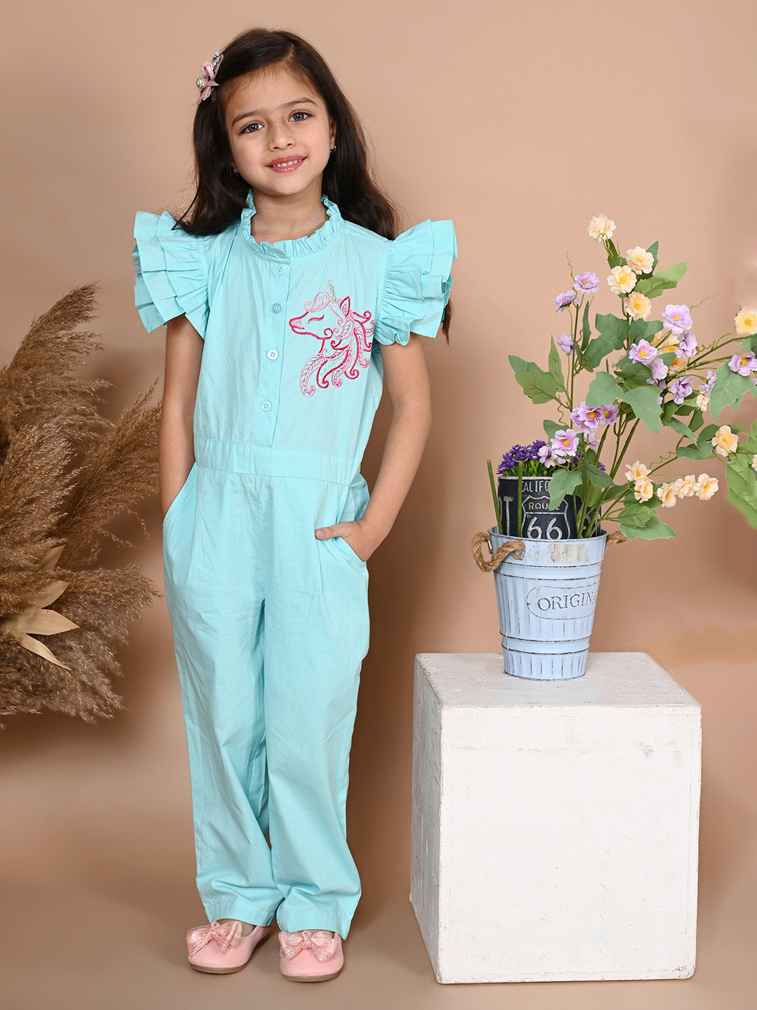 LilPicks Girls Blue & Pink Solid Basic Jumpsuit