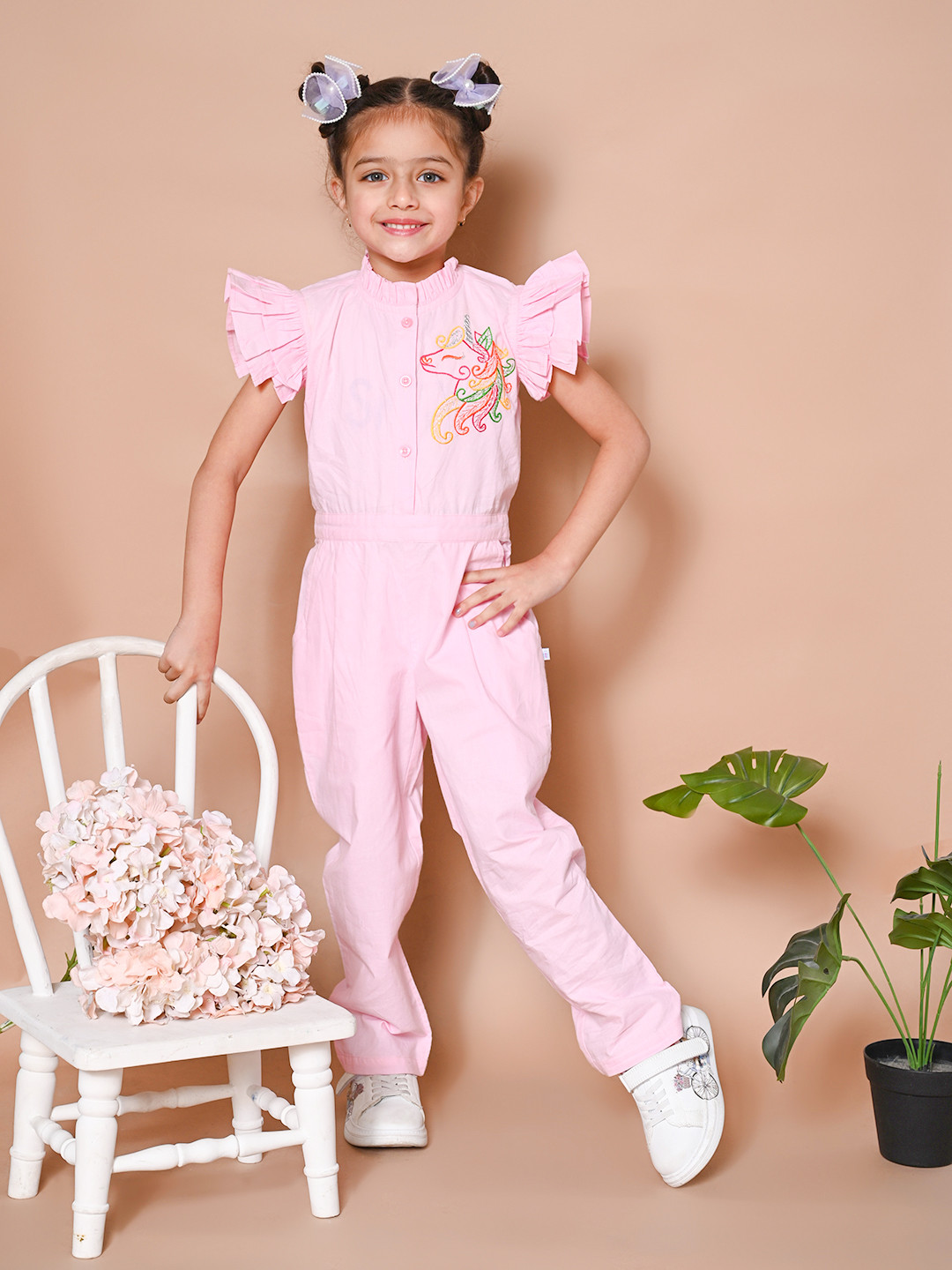 LilPicks Girls Pink Solid Basic Jumpsuit