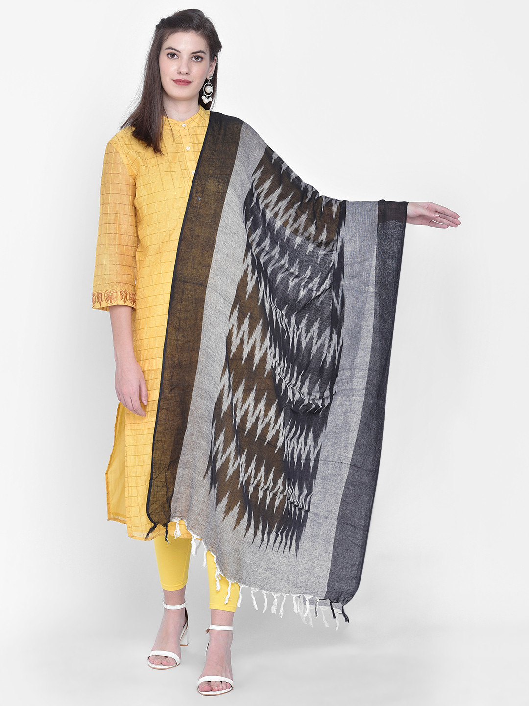 Cotton Dupatta Bazaar Black & Grey Ikat Woven Design Cotton Dupatta
