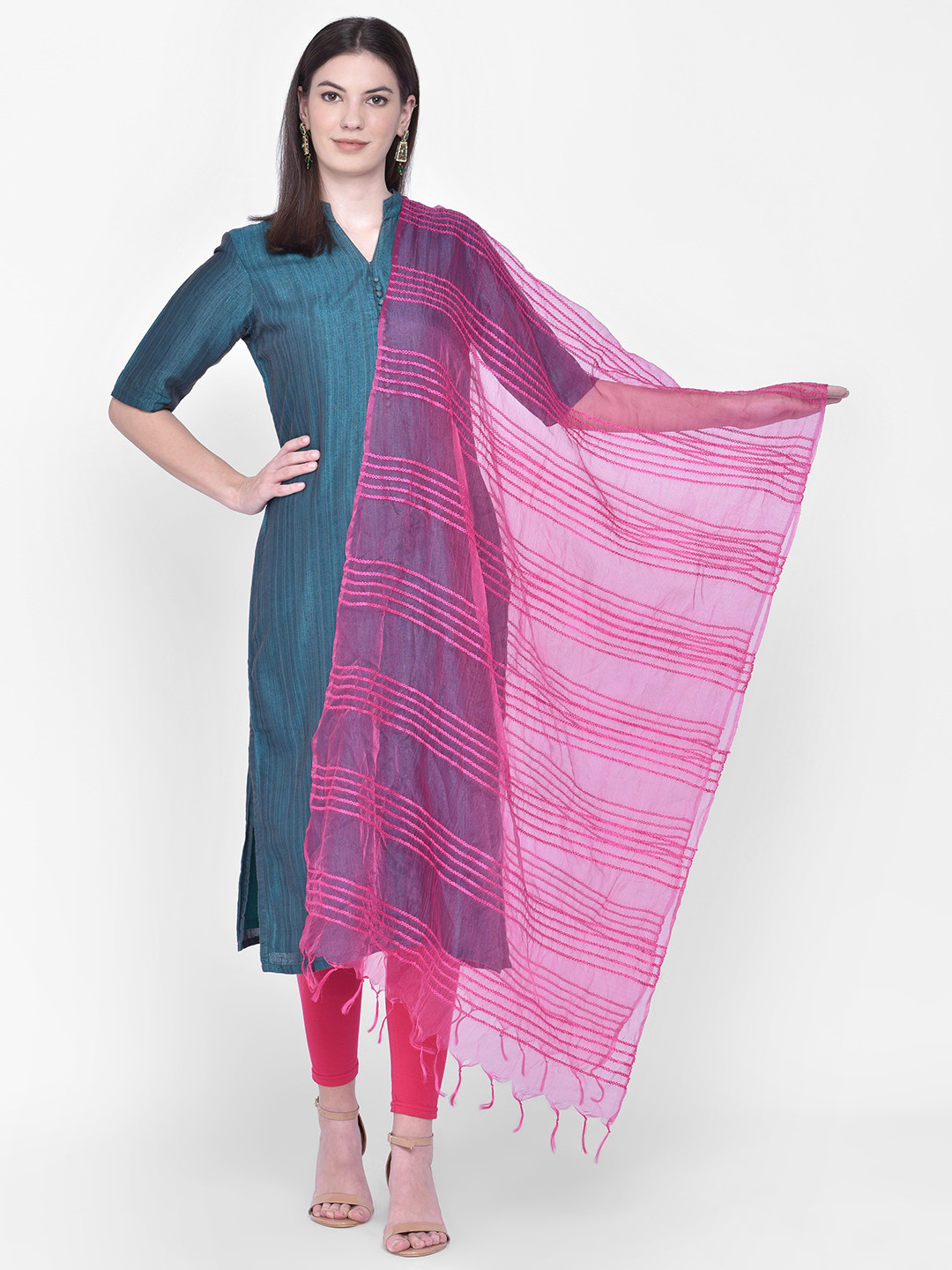Dupatta Bazaar Pink Striped Woven Design Dupatta