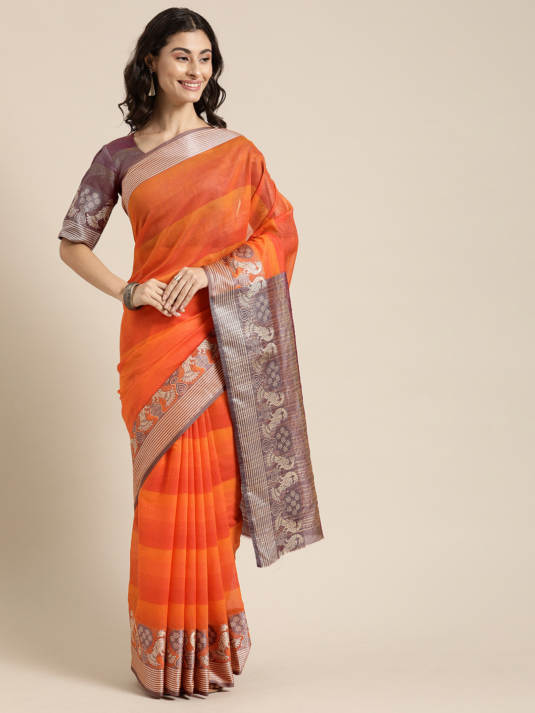 Kvsfab Orange Striped Silk Cotton Saree