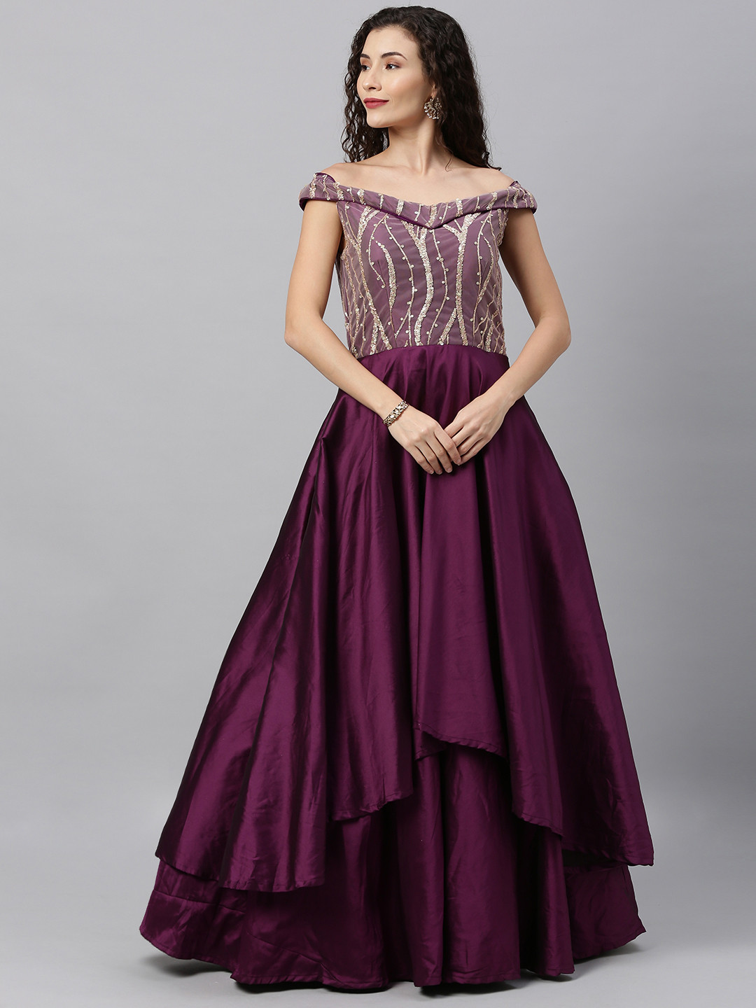 Ethnovog Purple Embellished Layered Maxi Made To Measure Dress