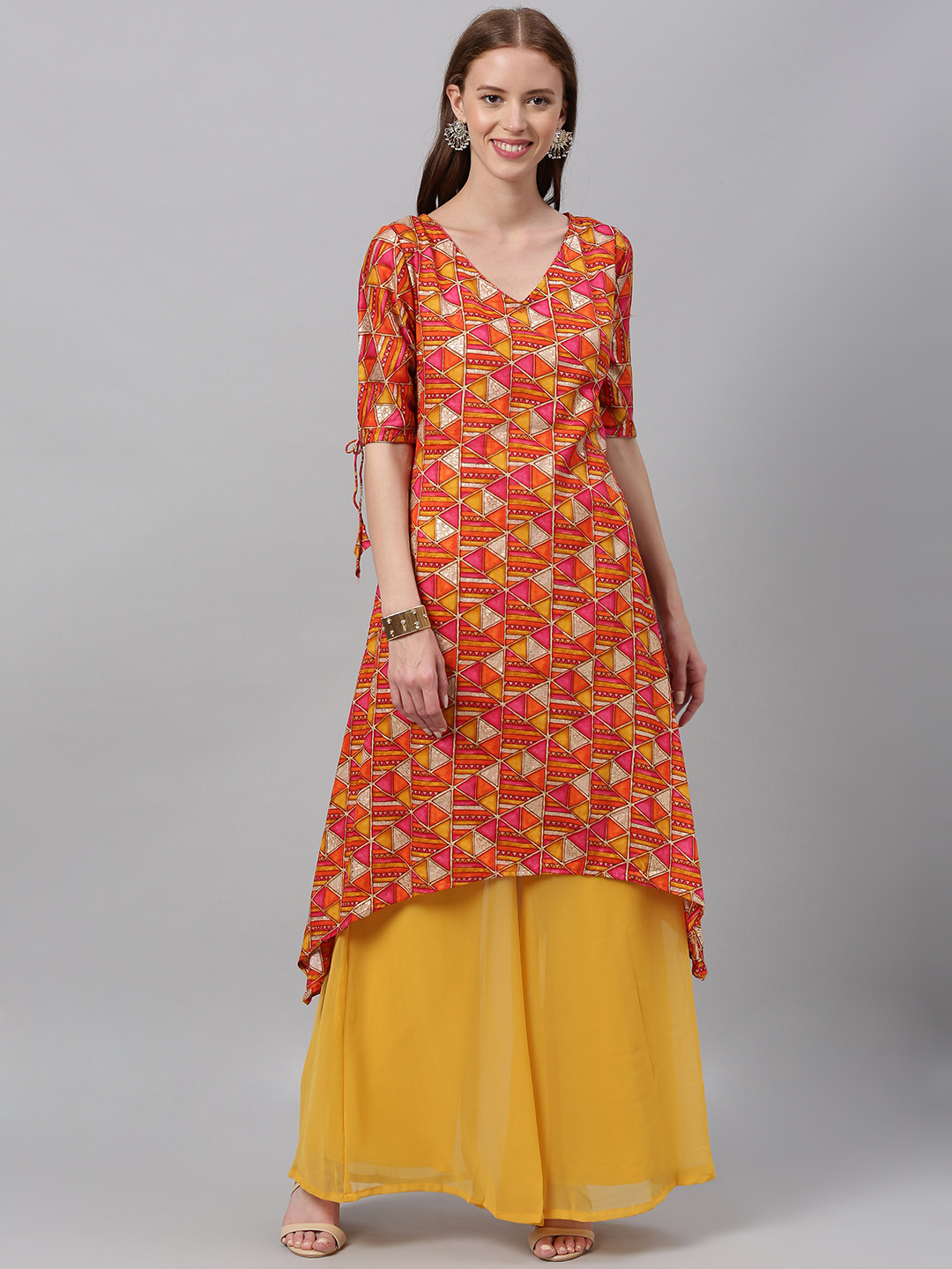 Ethnovog Women Orange  Yellow Printed Made To Measure A-Line Kurta