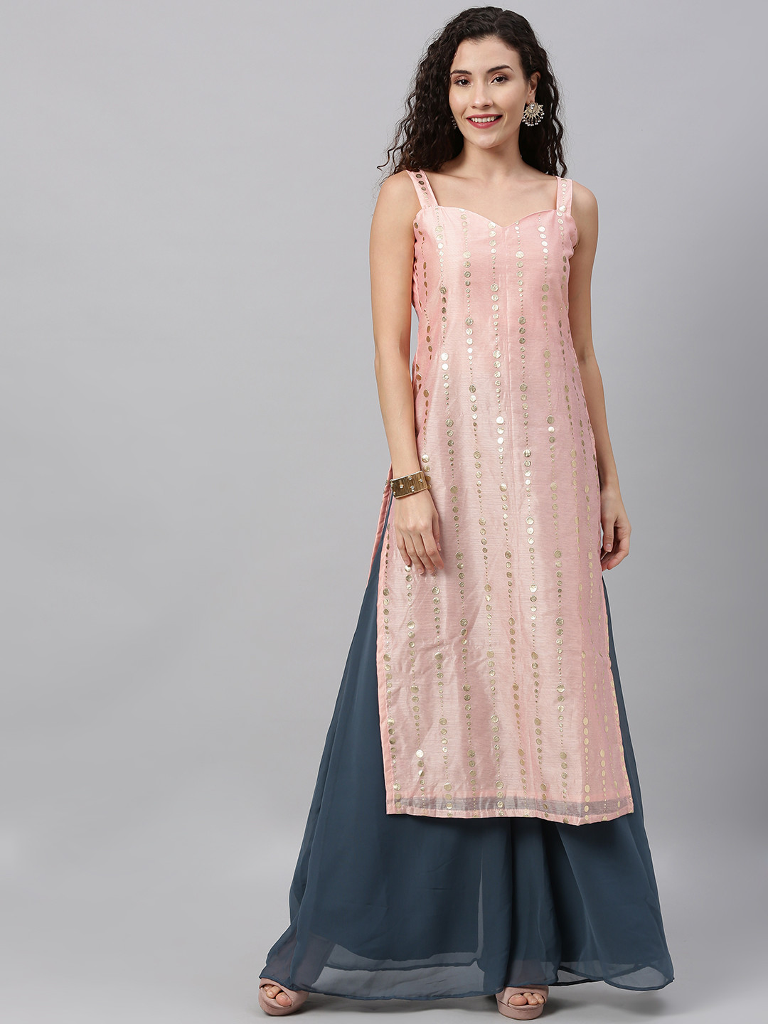 Ethnovog Women Peach-Coloured  Blue Foil Print Made To Measure Kurta with Palazzos