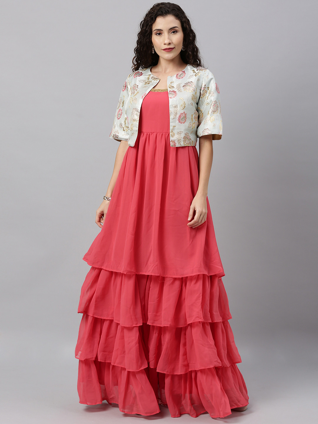 Ethnovog Women Pink Solid Made To Measure Maxi Tiered Dress with Jacket