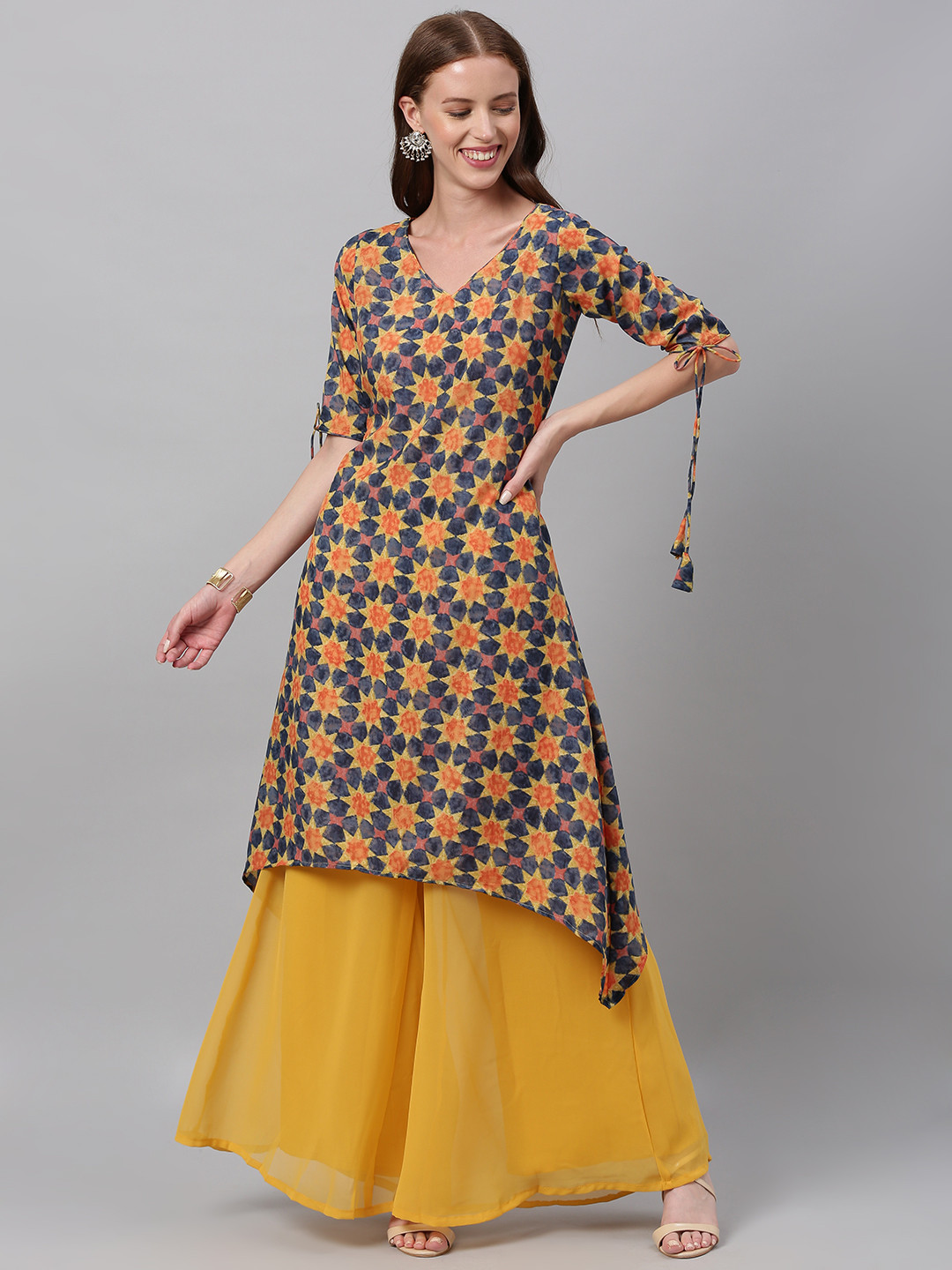 Ethnovog Women Blue  Yellow Printed Made To Measure A-Line Kurta