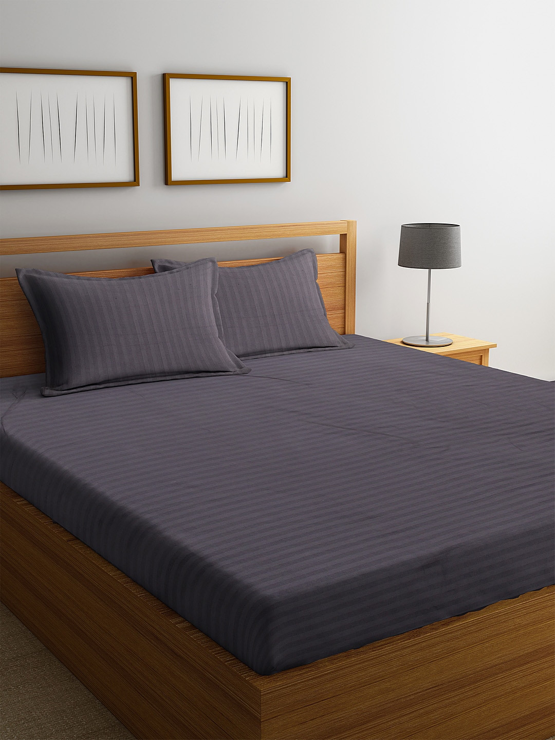 HOSTA HOMES Grey Striped Cotton 300 TC King Superfine Bedsheet with 2 Pillow Covers-90 x 108 inches