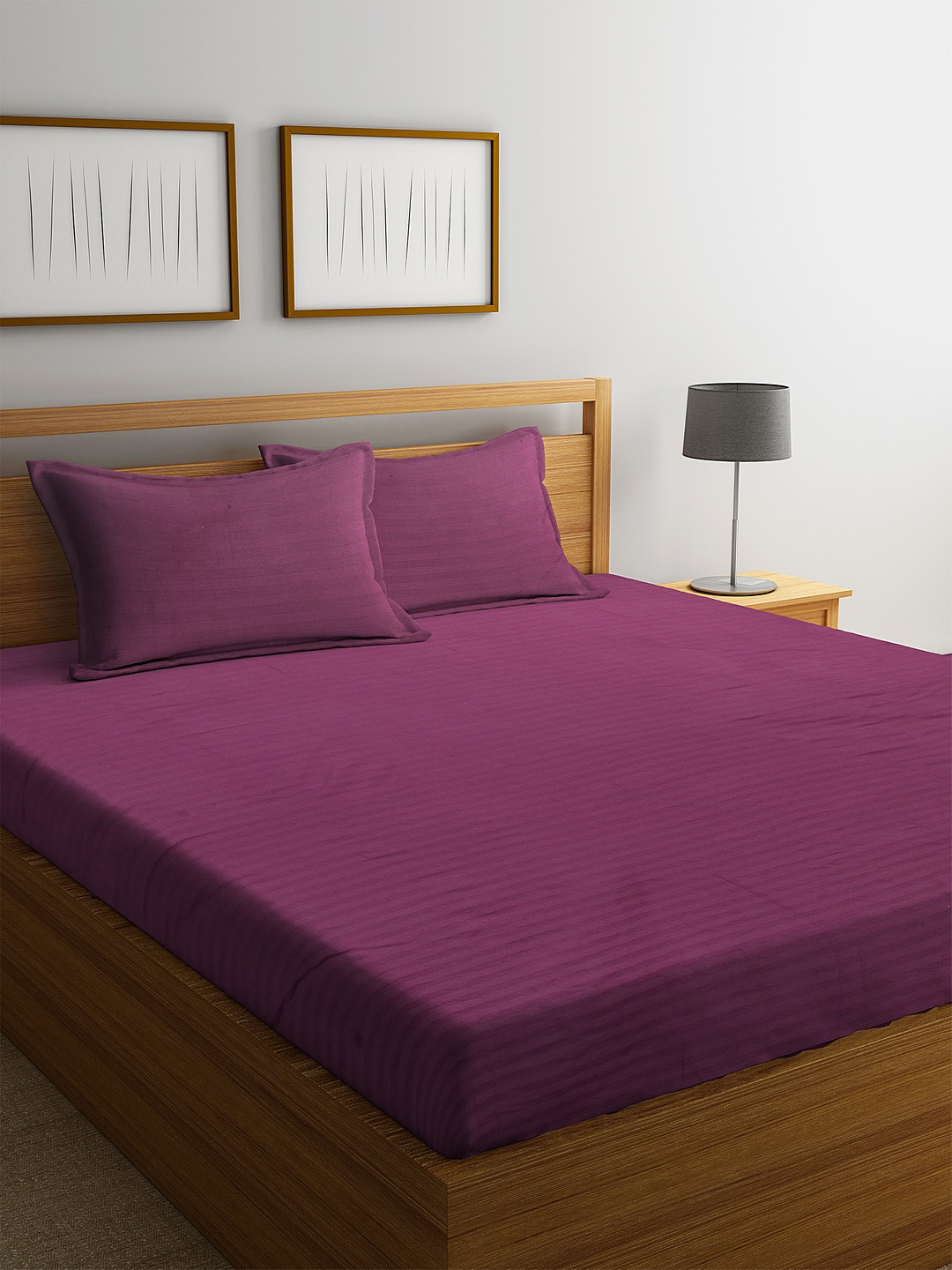 HOSTA HOMES Purple Striped Cotton 300 TC King Fine Bedsheet with 2 Pillow Covers-220 x 250 cm