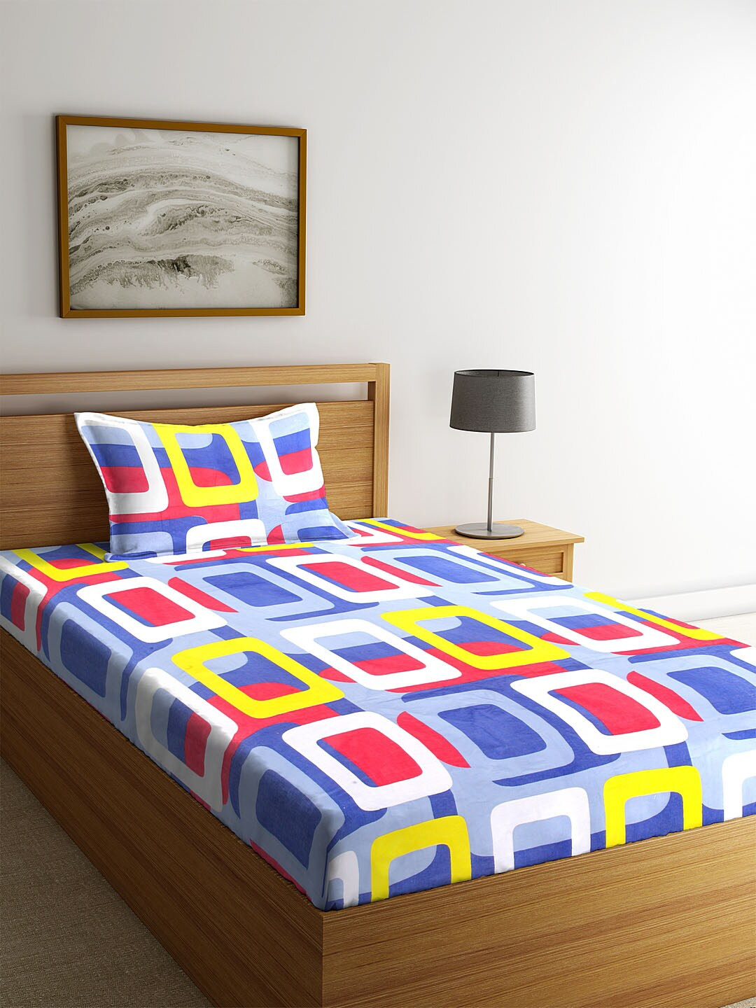 HOSTA HOMES Blue Geometric Pure Cotton 180 TC Single Bedsheet with a Pillow Cover-90 x 60 inches