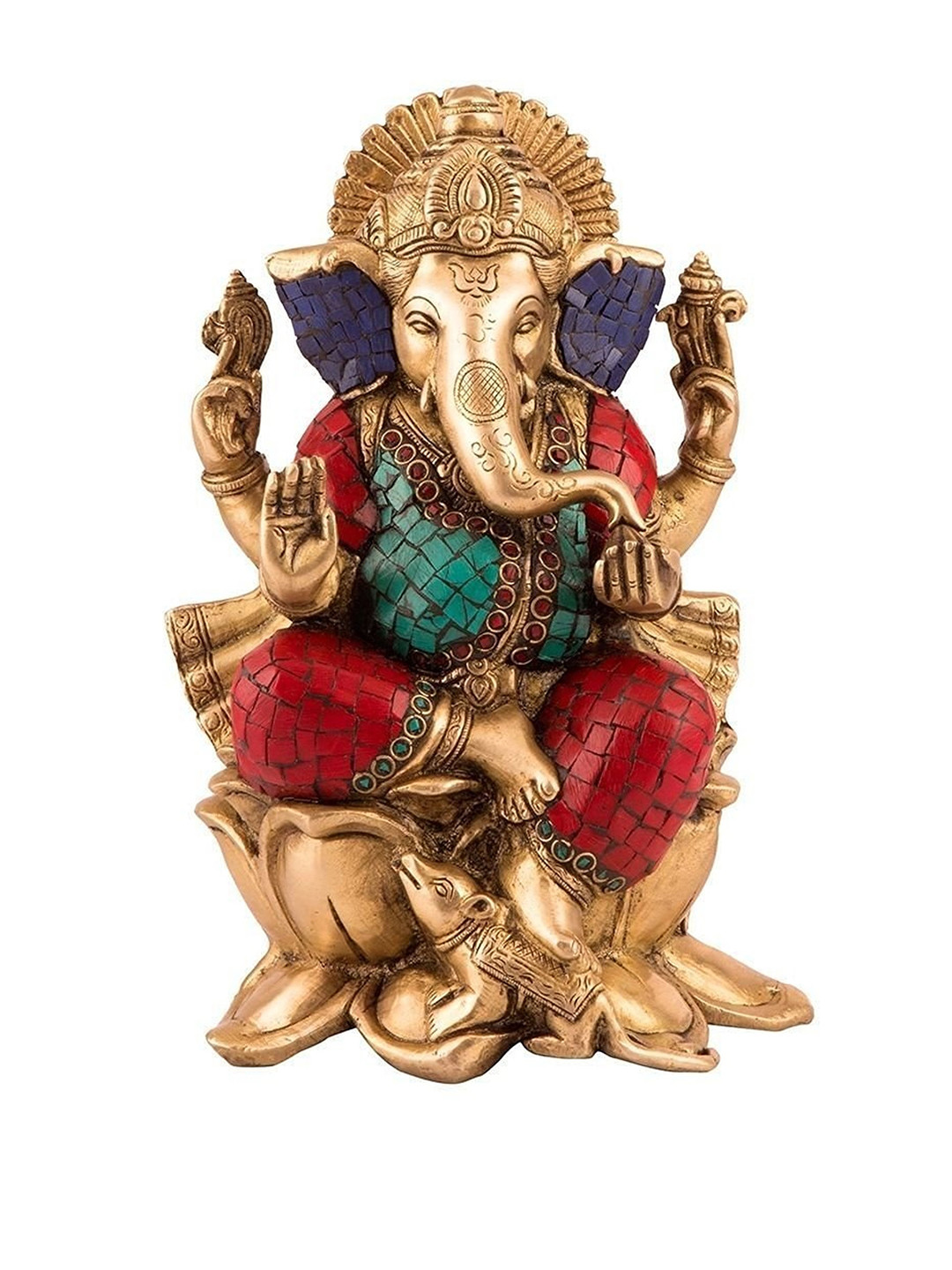 CraftVatika Gold-Toned & Red Handcrafted Brass Ganesha Idol