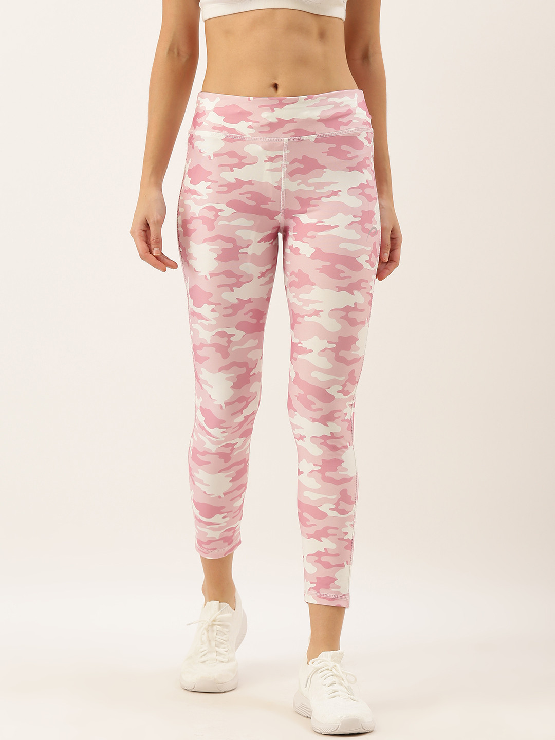 Proline Active Women Pink & Off-White Camouflage Printed Performance Fit Cropped Tights