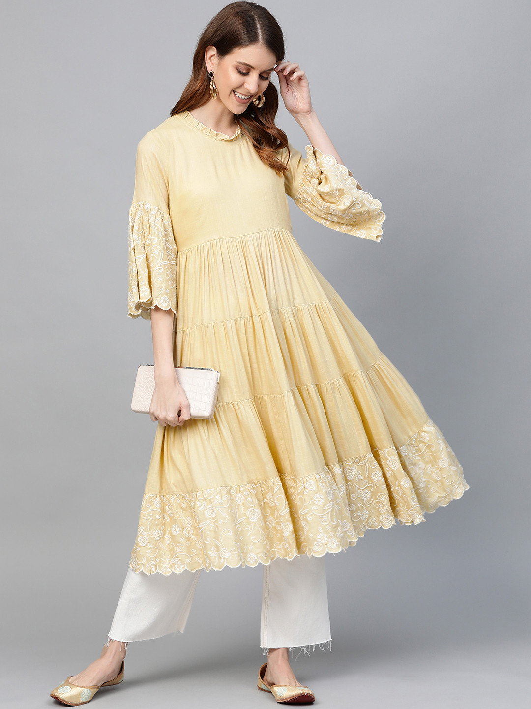 HERE&NOW Women Yellow Solid Tiered Anarkali Kurta