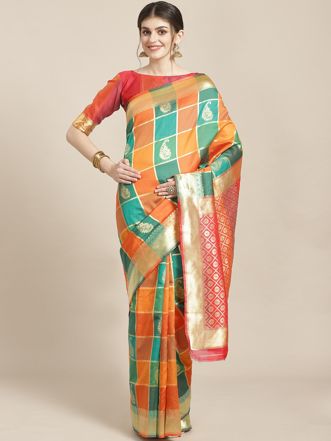Saree mall Orange & Green Checked Banarasi Saree