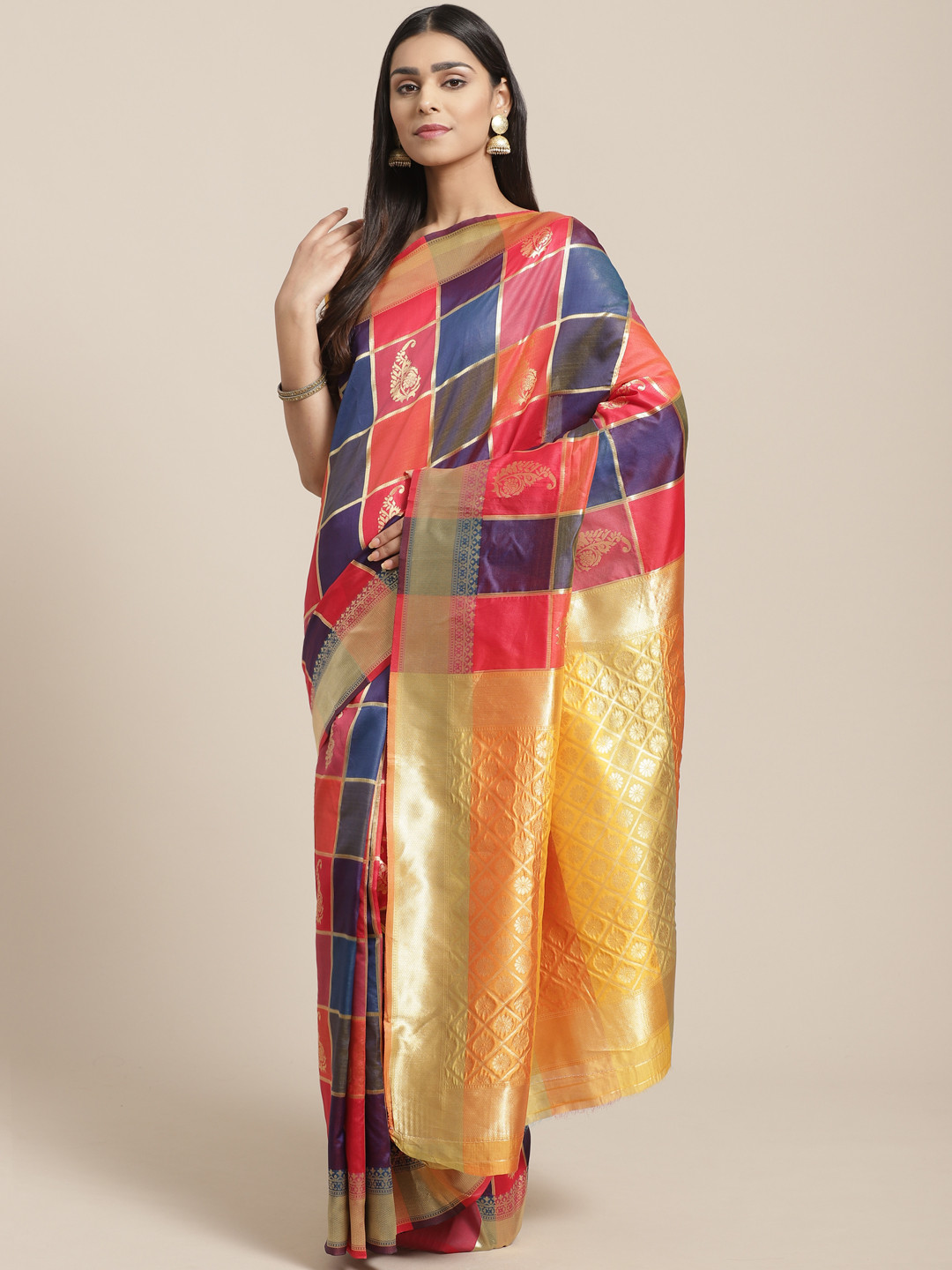 Saree mall Blue & Red Checked Banarasi Saree
