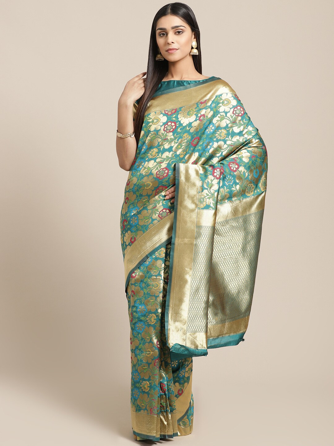 Saree mall Teal Green & Golden Ethnic Woven Design Banarasi Saree