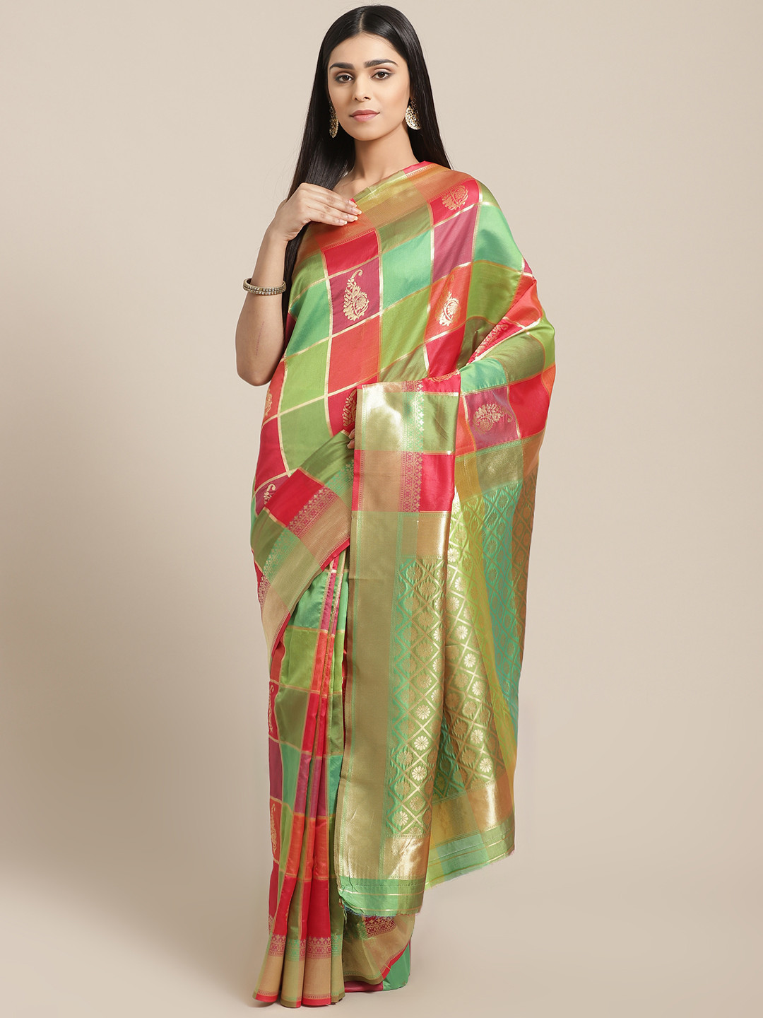 Saree mall Green & Red Paisley Checked Banarasi Saree