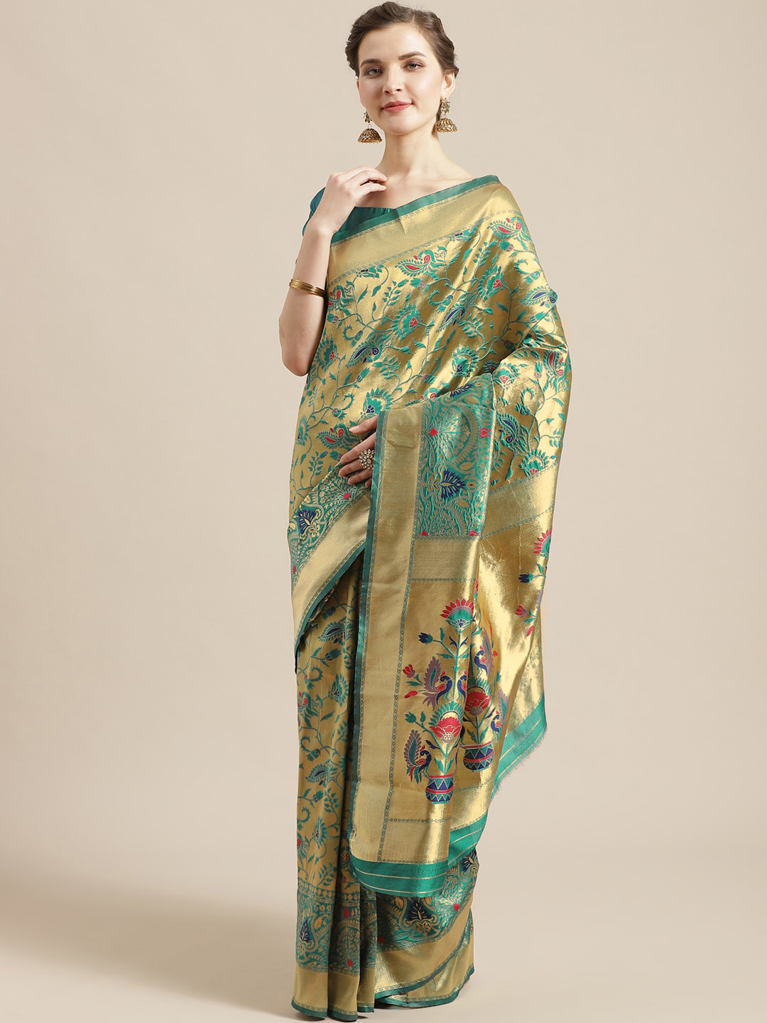 Saree mall Golden & Teal Green Woven Design Banarasi Saree