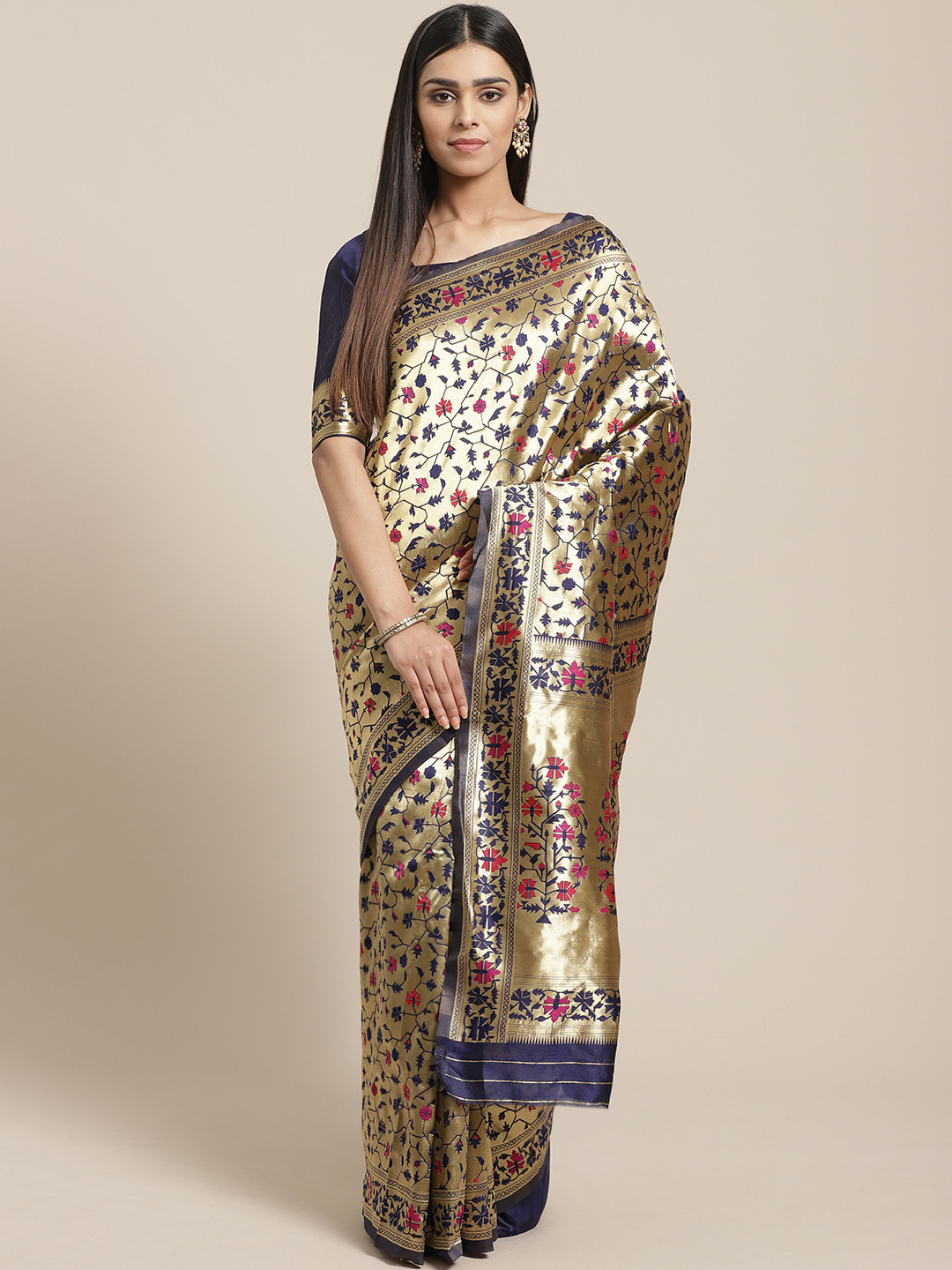 Saree mall Golden & Navy Blue Woven Design Banarasi Saree