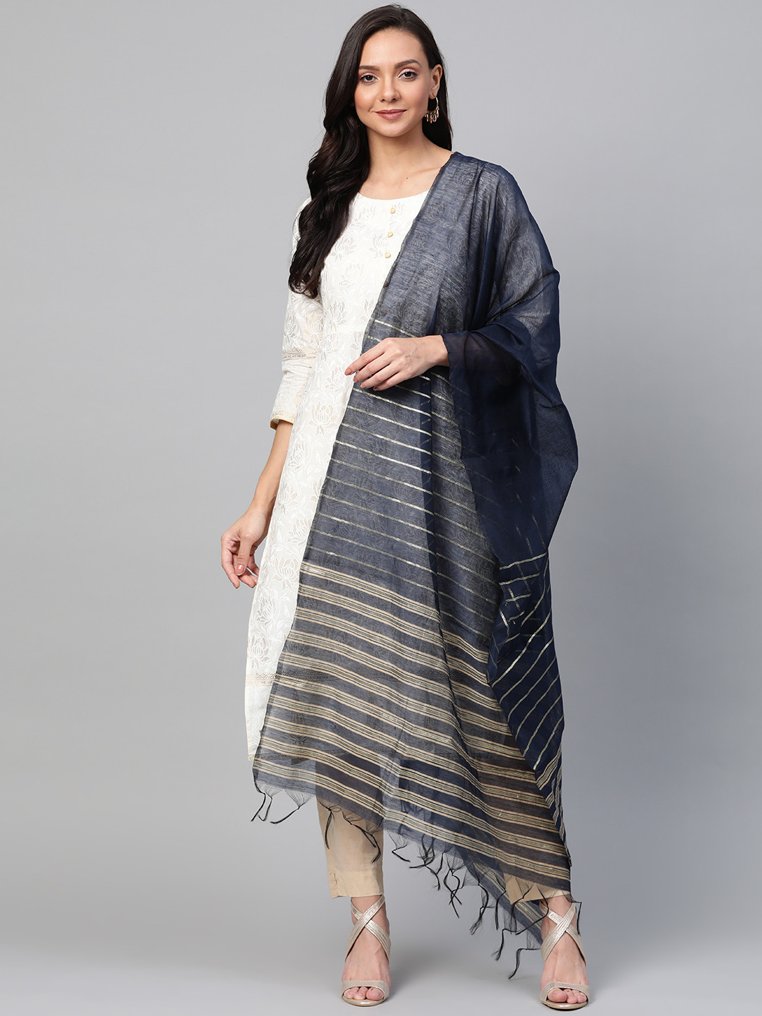 Indo Era Navy Blue & Golden Striped Dupatta