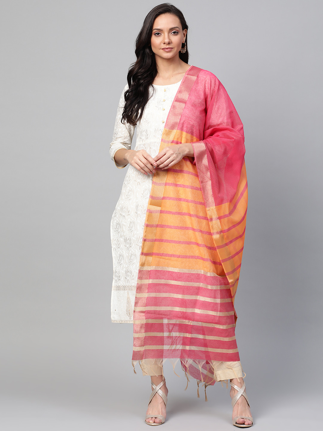 Indo Era Orange & Pink Striped Dupatta
