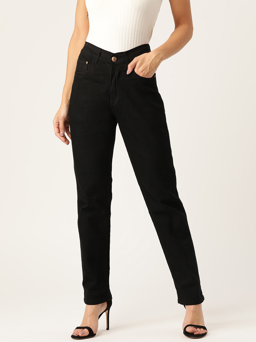 PARIS HAMILTON Women Black Boyfriend Fit High-Rise Clean Look Stretchable Jeans