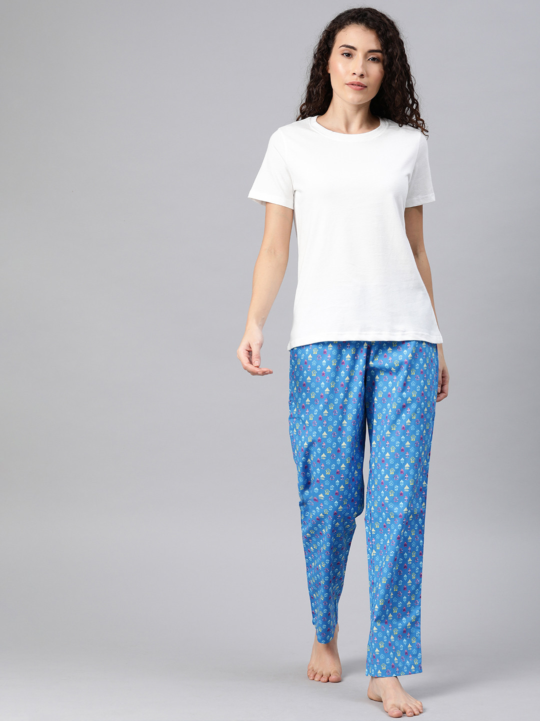 DRAPE IN VOGUE Women White & Blue Solid Night Suit With Conversational Printed Bottomwear