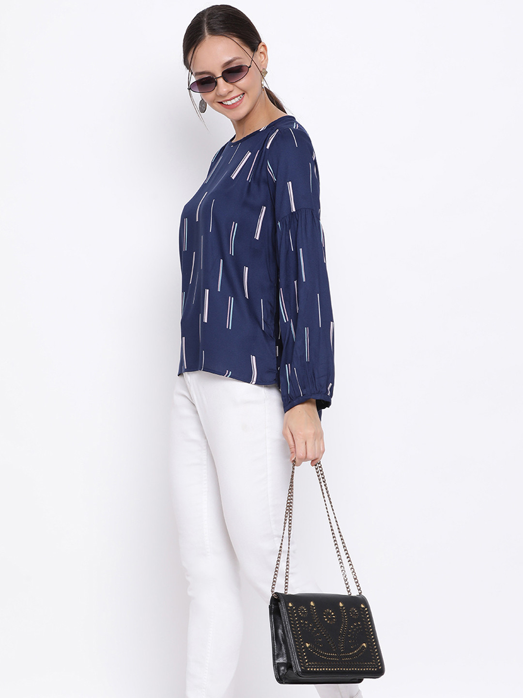 Crimsoune Club Women Navy Blue & White Printed Top