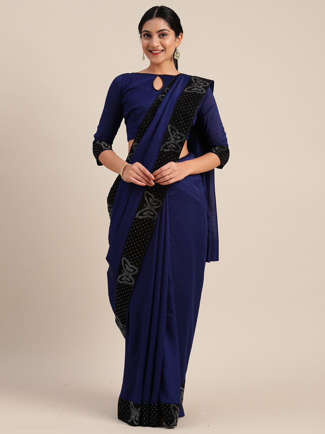 Mitera Navy Blue Solid Lace Saree