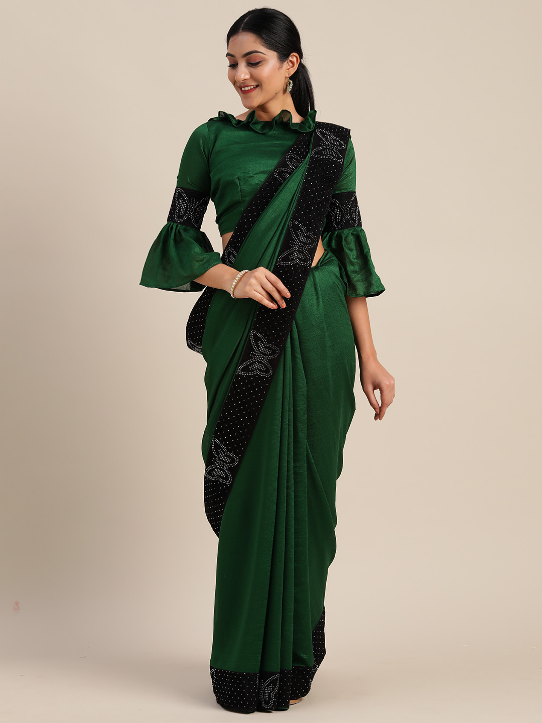 Mitera Green Solid Lace Saree with Embellished Border