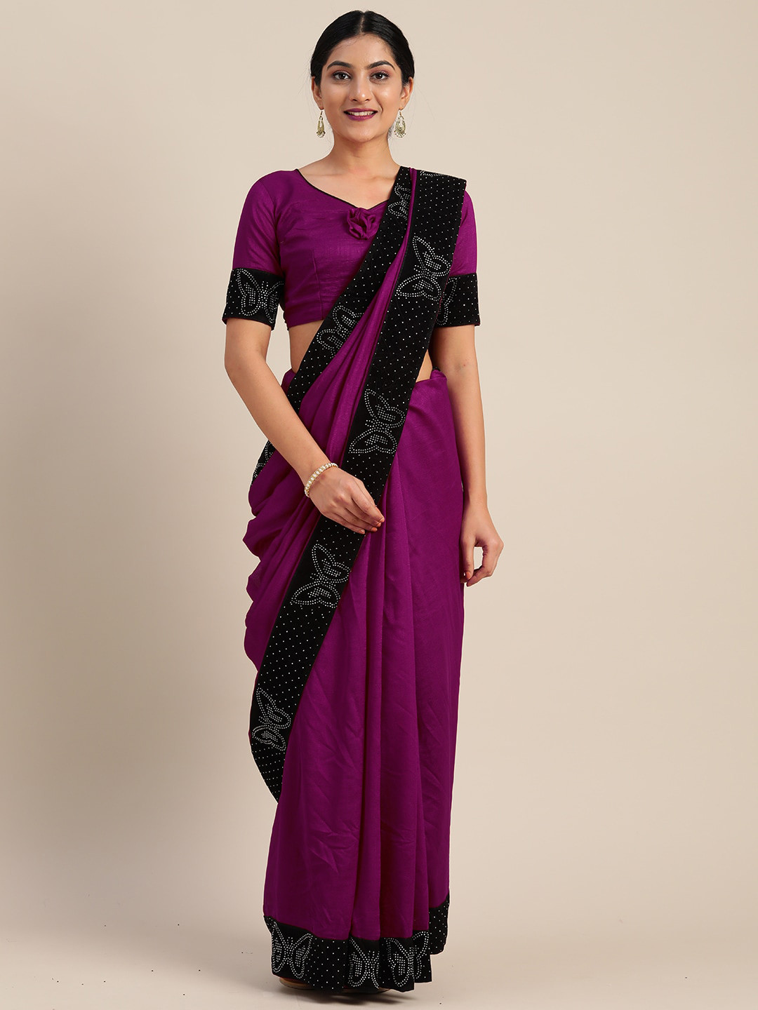 Mitera Purple Lace Solid Saree with Embellished Border