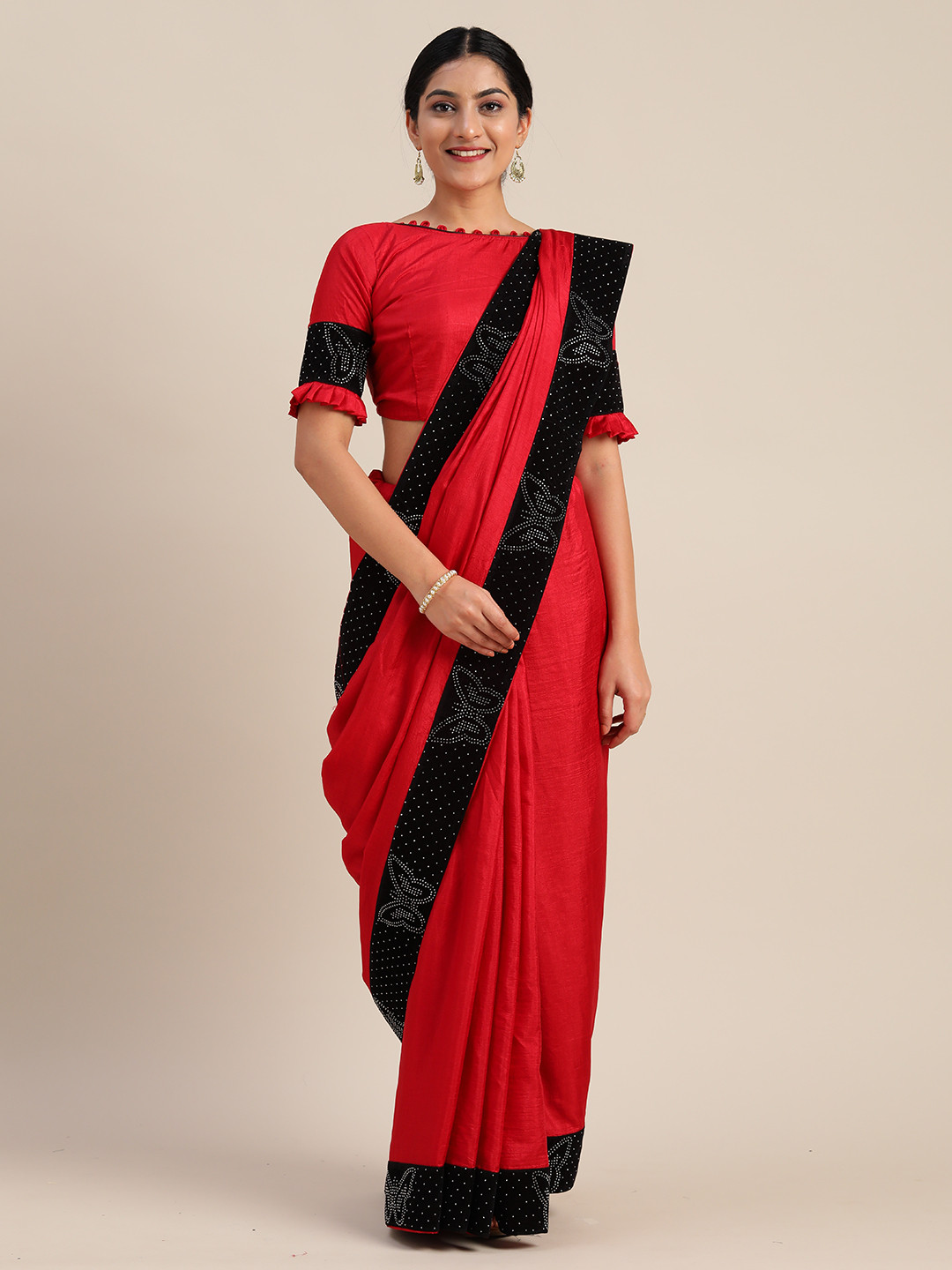 Mitera Red Solid Lace Saree with Embellished Border