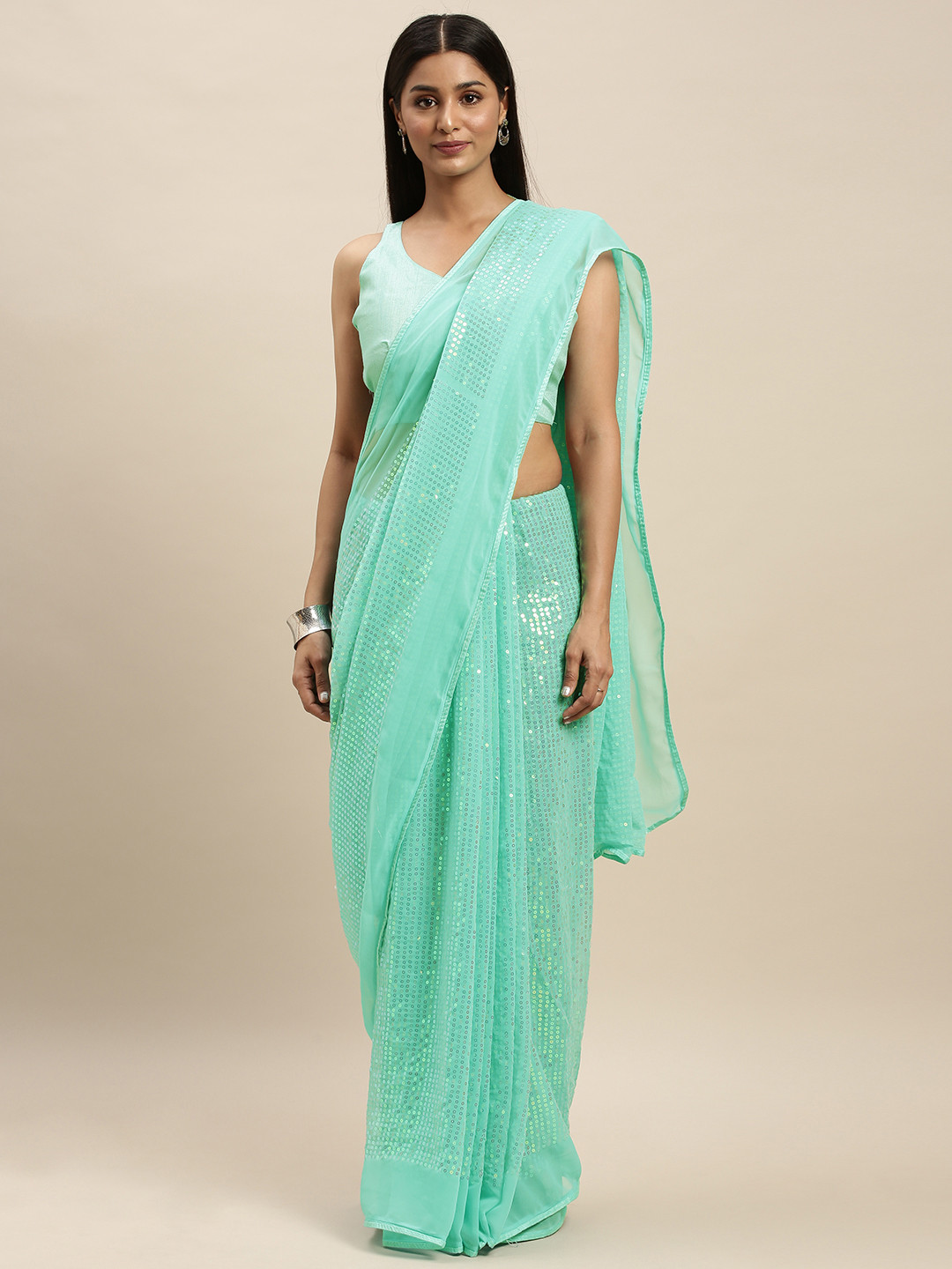 Mitera Turquoise Blue Sequinned Pure Georgette Saree