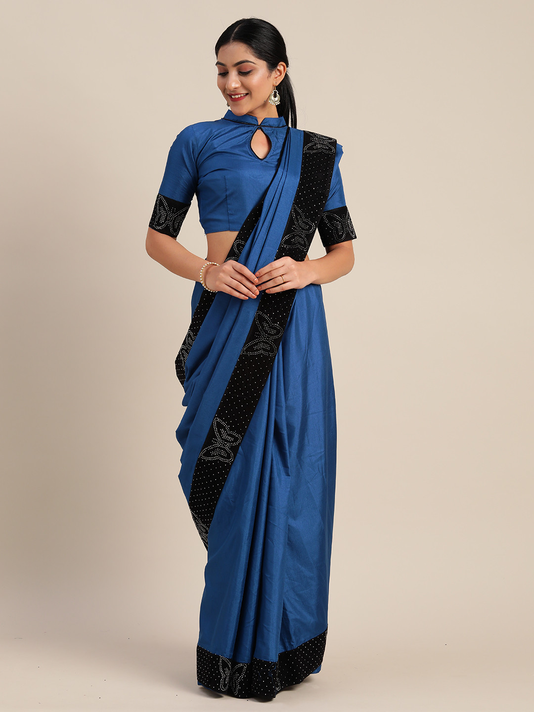 Mitera Blue Solid Lace Saree with Embellished Border