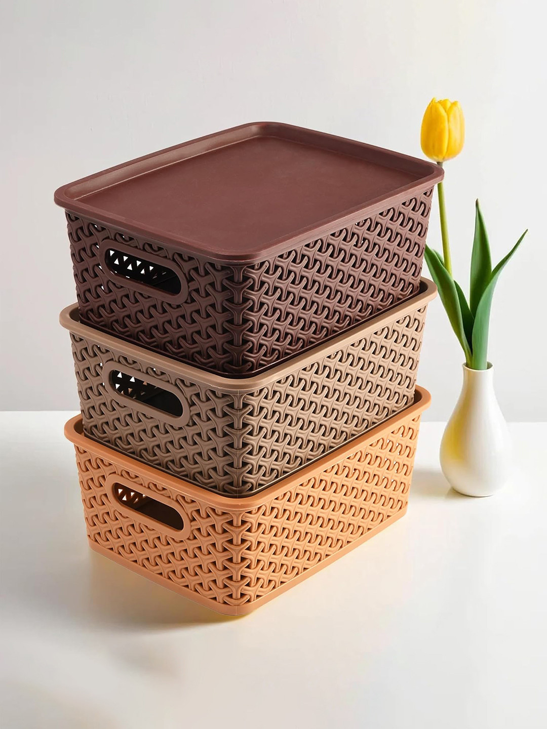 Kuber Industries Plastic 3 Pcs Small Multipurpose Storage Basket with Lid for kitchen room