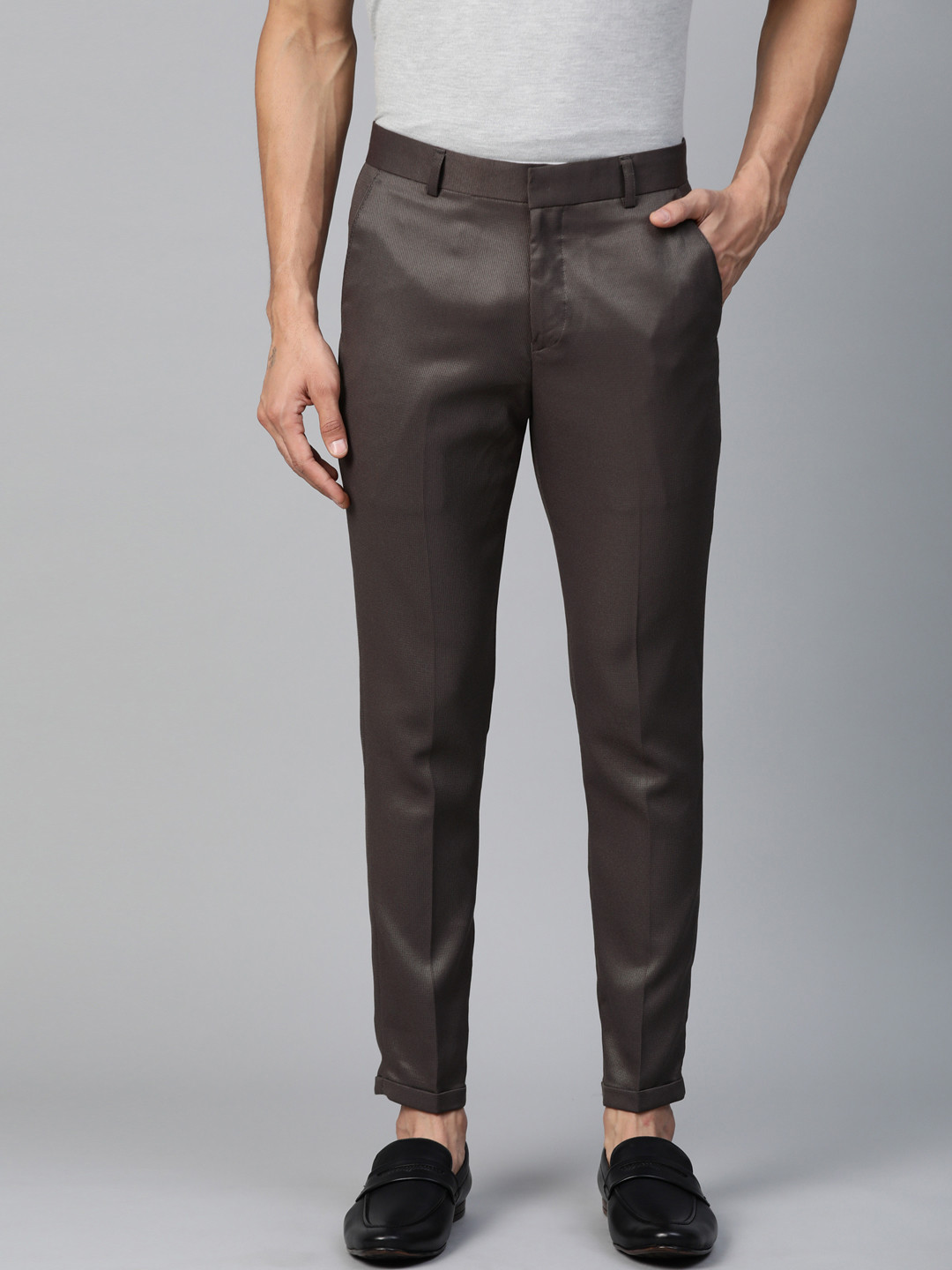 DENNISON Men Charcoal Smart Tapered Fit Self Design Cropped Regular Trousers