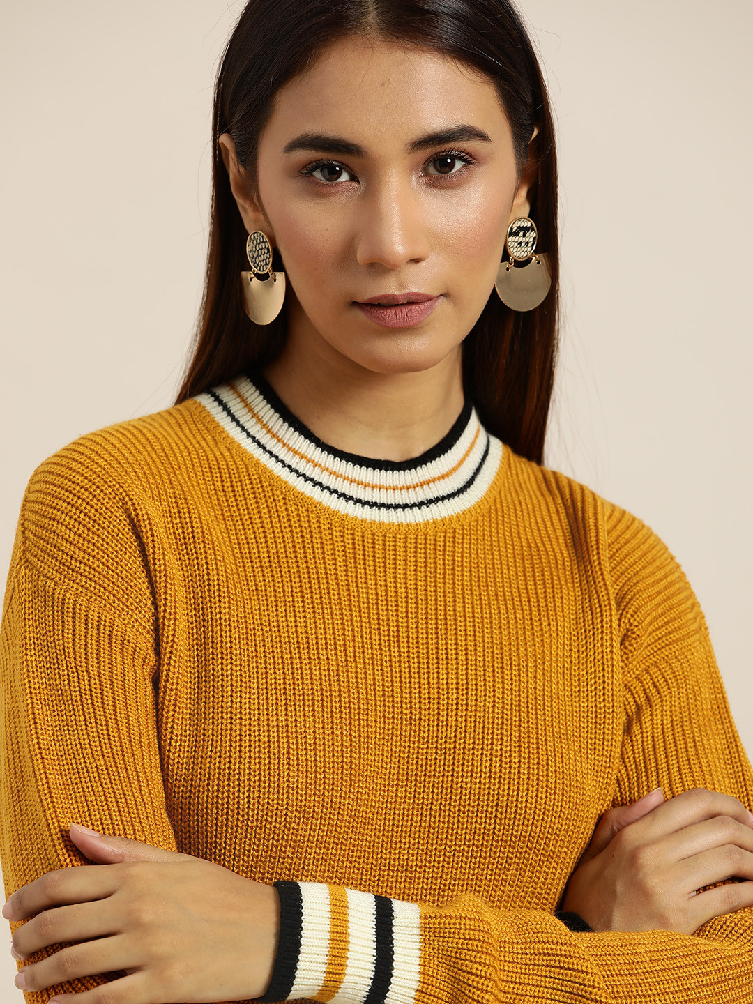 Buy her by invictus Women Mustard Yellow Ribbed Pullover