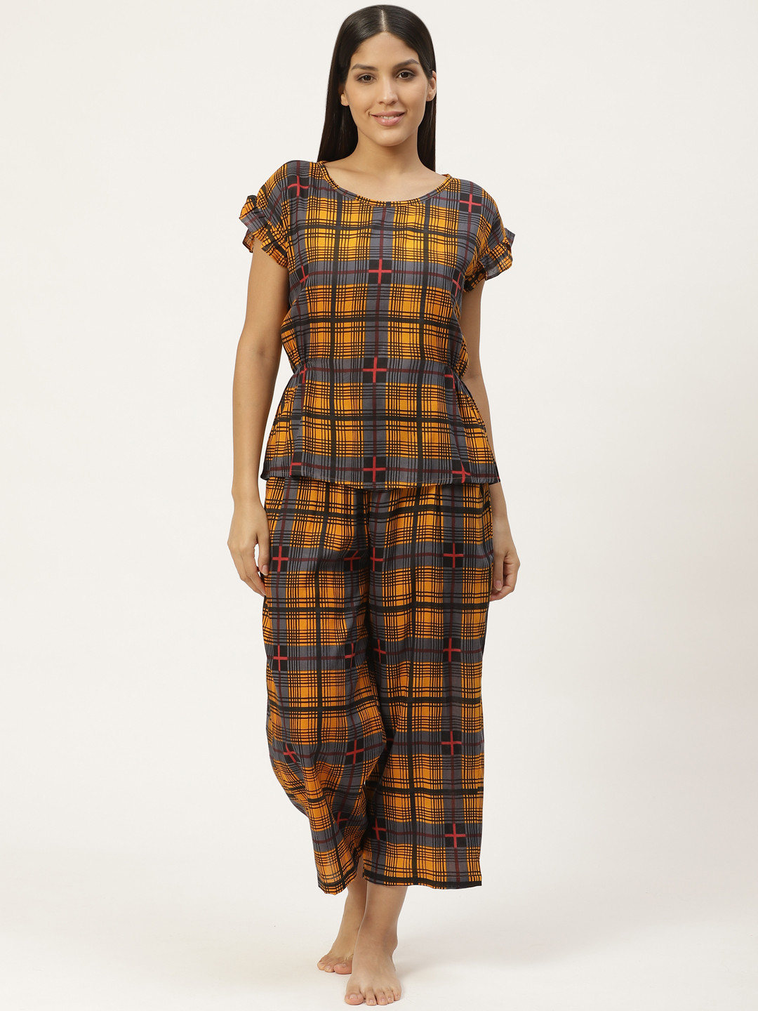 WoowZerz Women Orange & Grey Slim Fit Checked Night suit