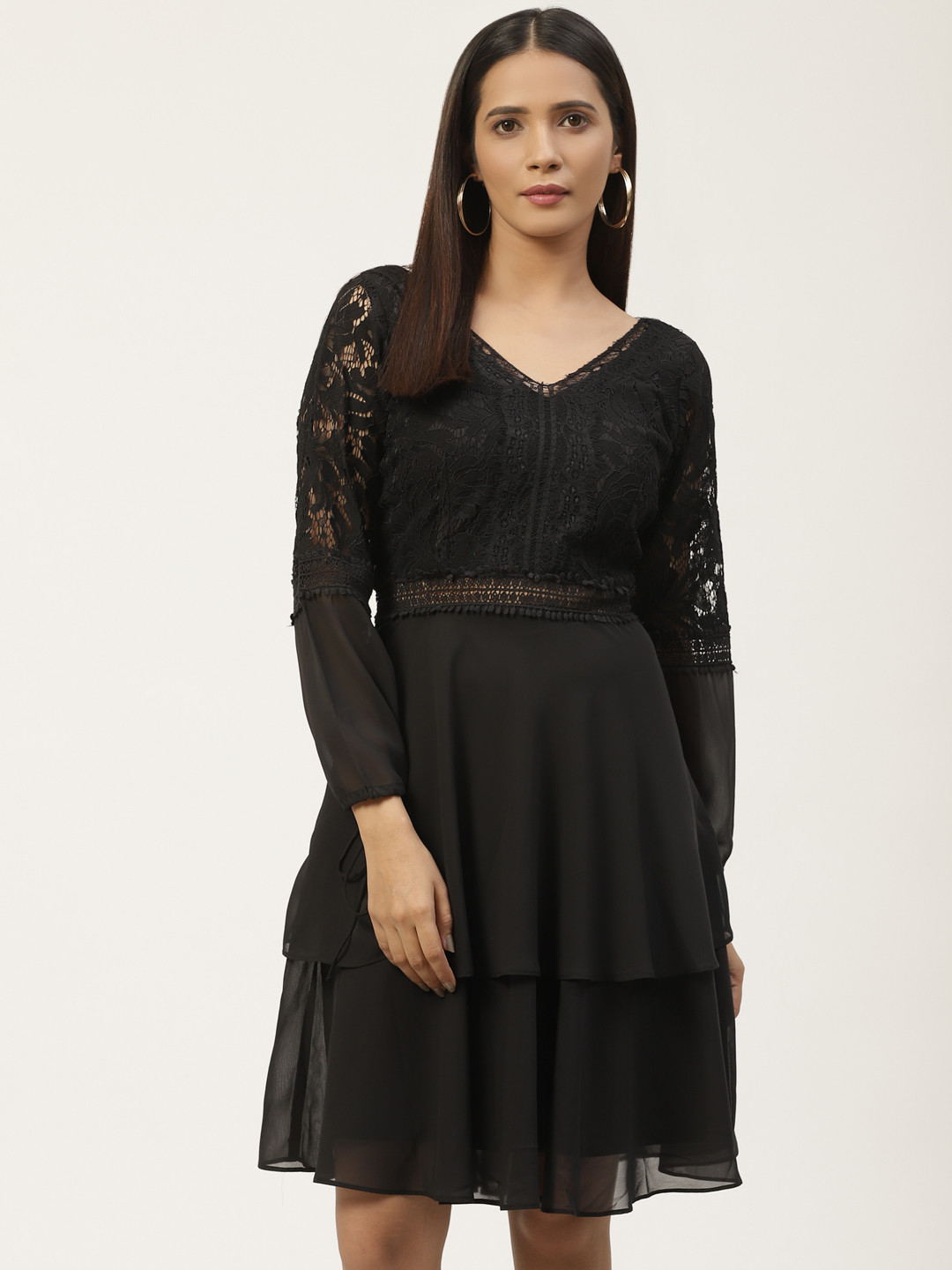 WoowZerz Women Black Self Design Semi-Sheer Fit and Flare Dress