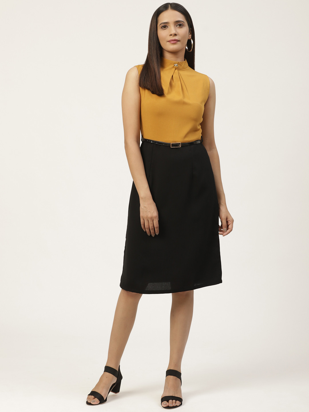 WoowZerz Women Mustard Yellow & Black Colourblocked A-Line Dress