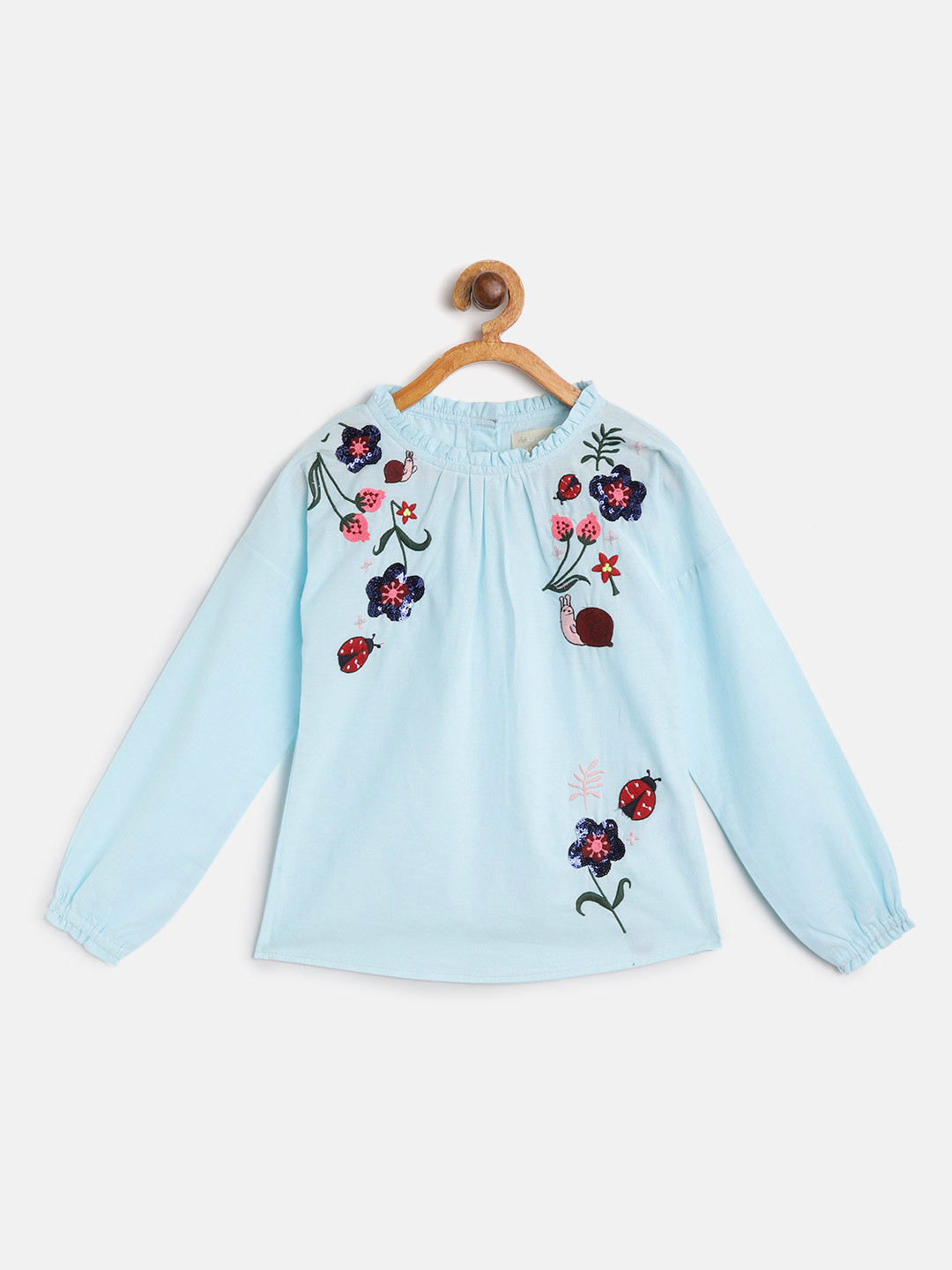 Cherry Crumble Girls Blue & Pink Floral Embroidered Pure Cotton Top