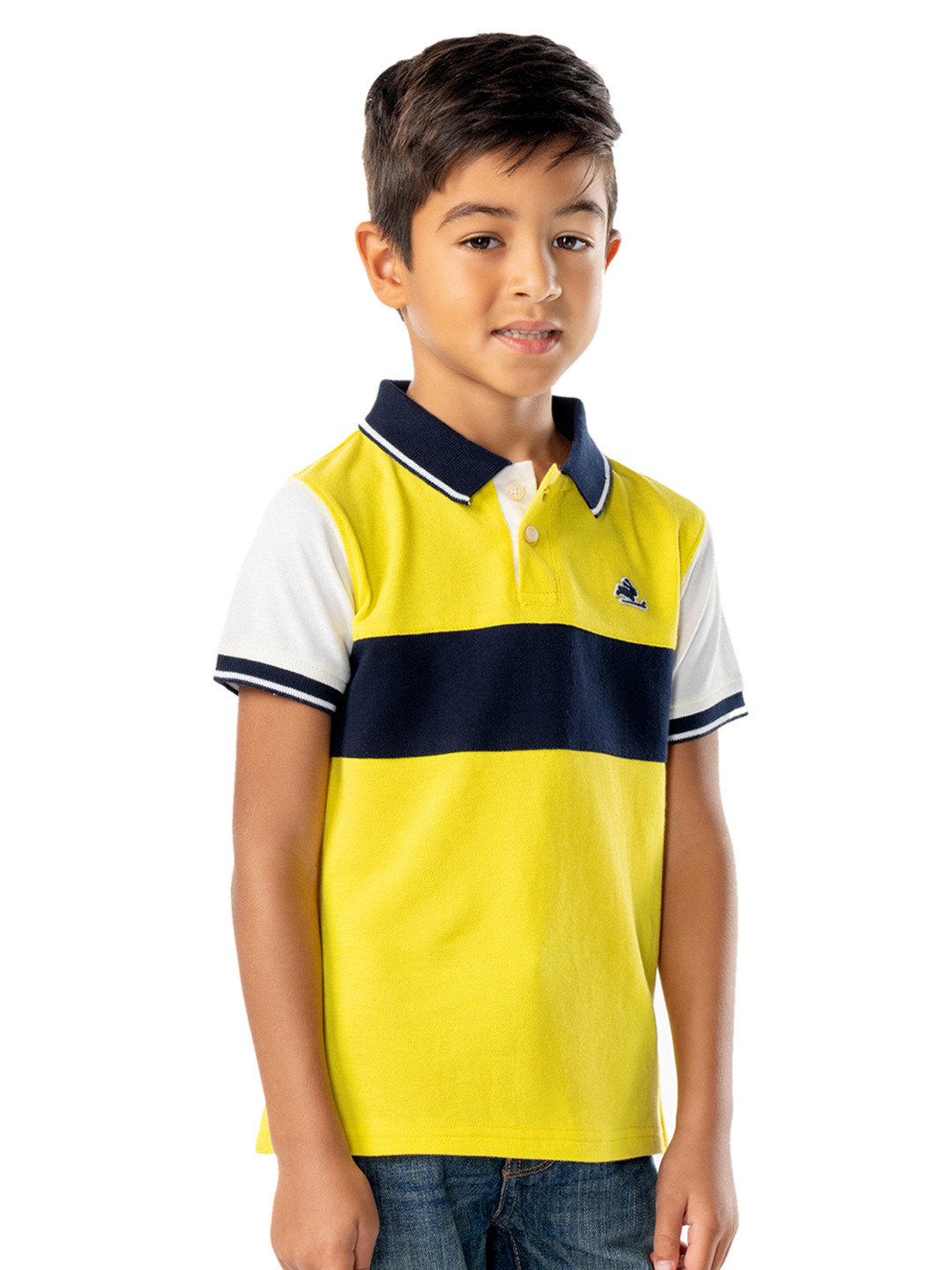 Cherry Crumble Unisex Kids Yellow & Black Colourblocked Polo Collar T-shirt