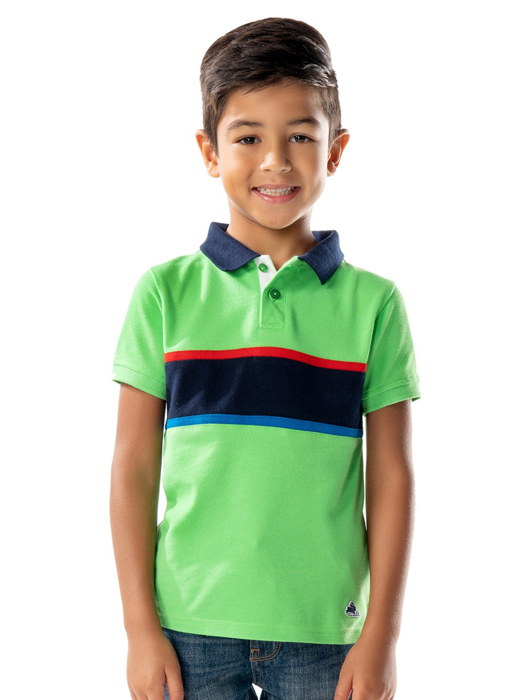 Cherry Crumble Boys Green & Navy Colourblocked Polo Collar T-shirt