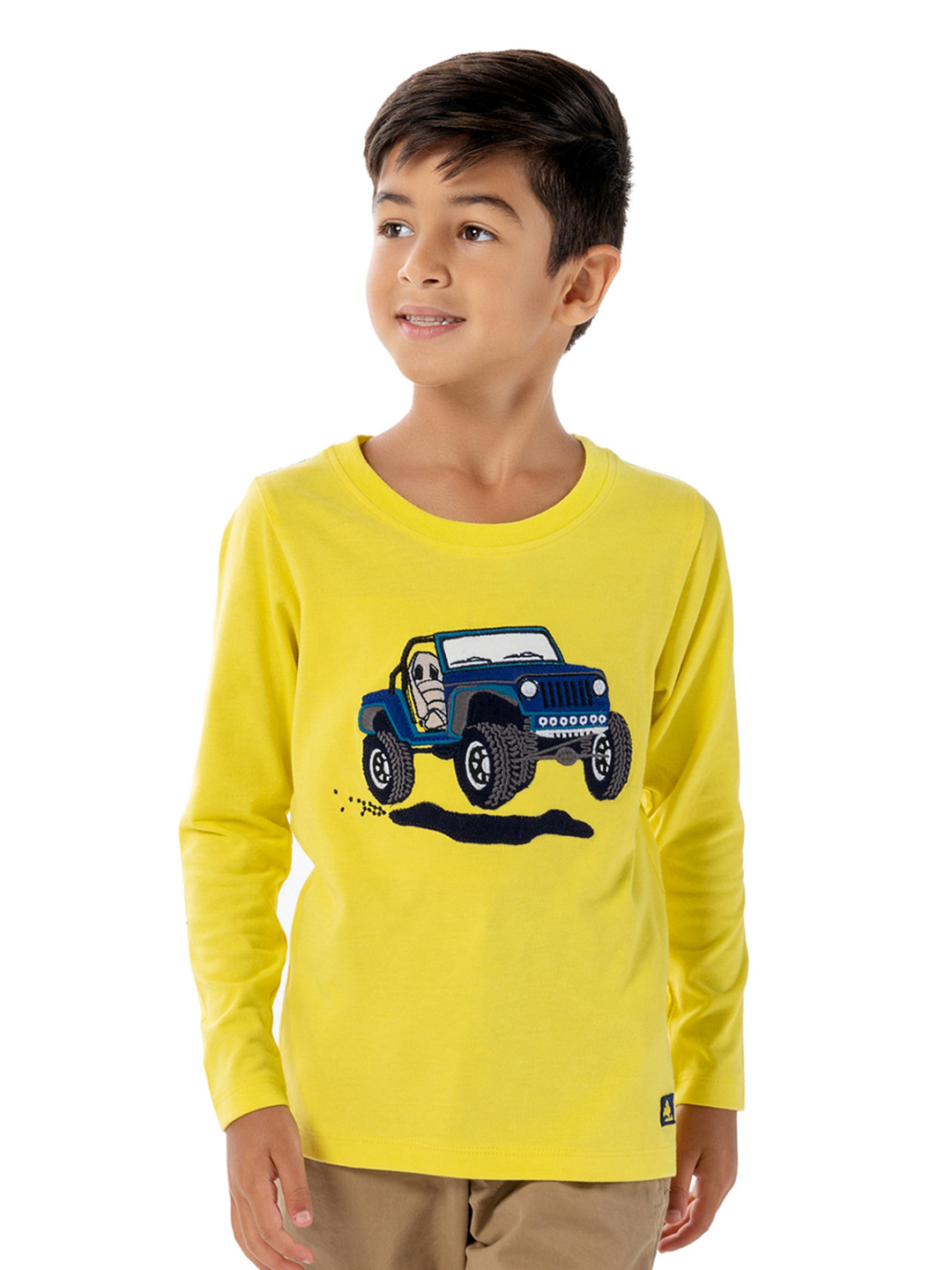 Cherry Crumble Unisex Kids Yellow & Navy Car Applique Round Neck T-shirt