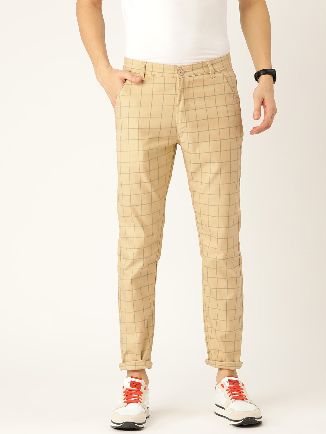 SOJANYA Men Beige & Green Smart Smart Regular Fit Checked Trousers