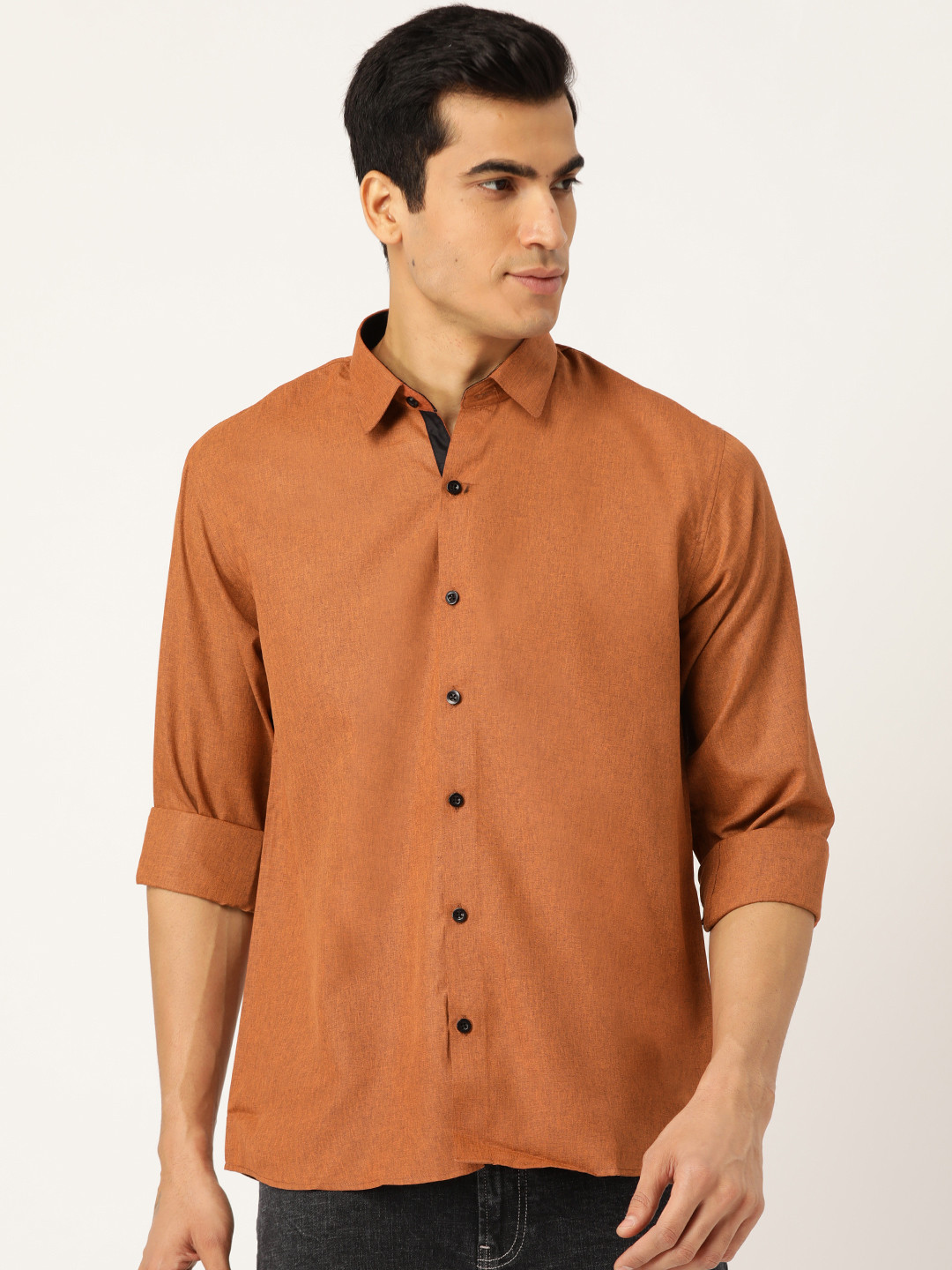 SOJANYA Men Rust Orange Classic Regular Fit Self-Design Casual Shirt