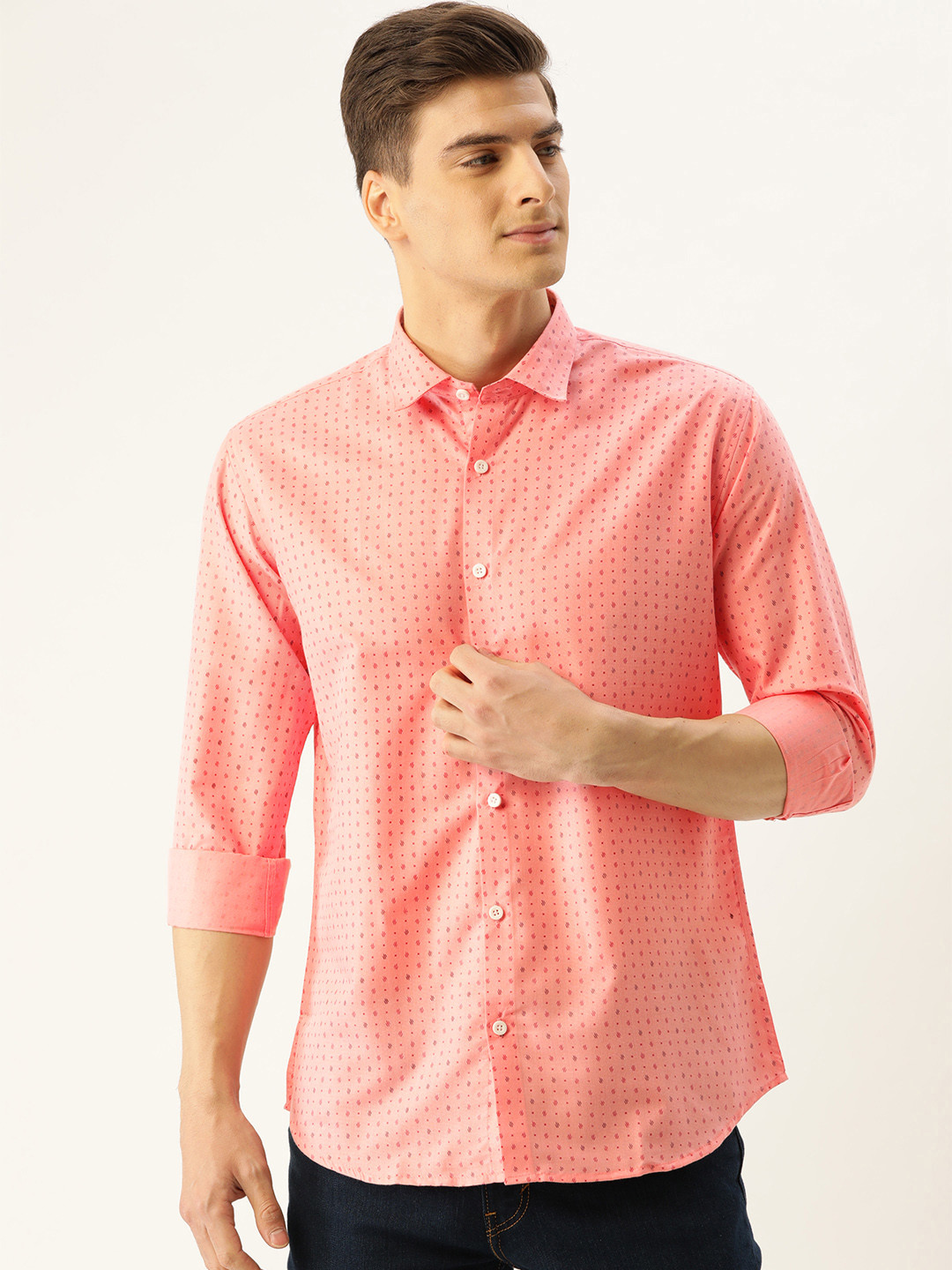 SOJANYA Men Peach-Coloured & Maroon Regular Fit Ditsy Print Casual Shirt