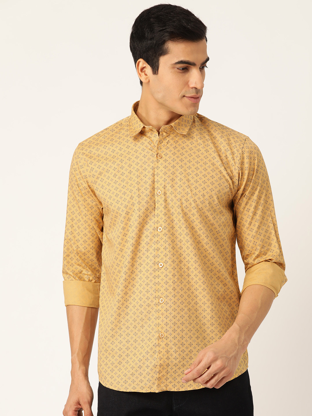 SOJANYA Men Mustard Yellow & Navy Blue Classic Regular Fit Printed Casual Shirt
