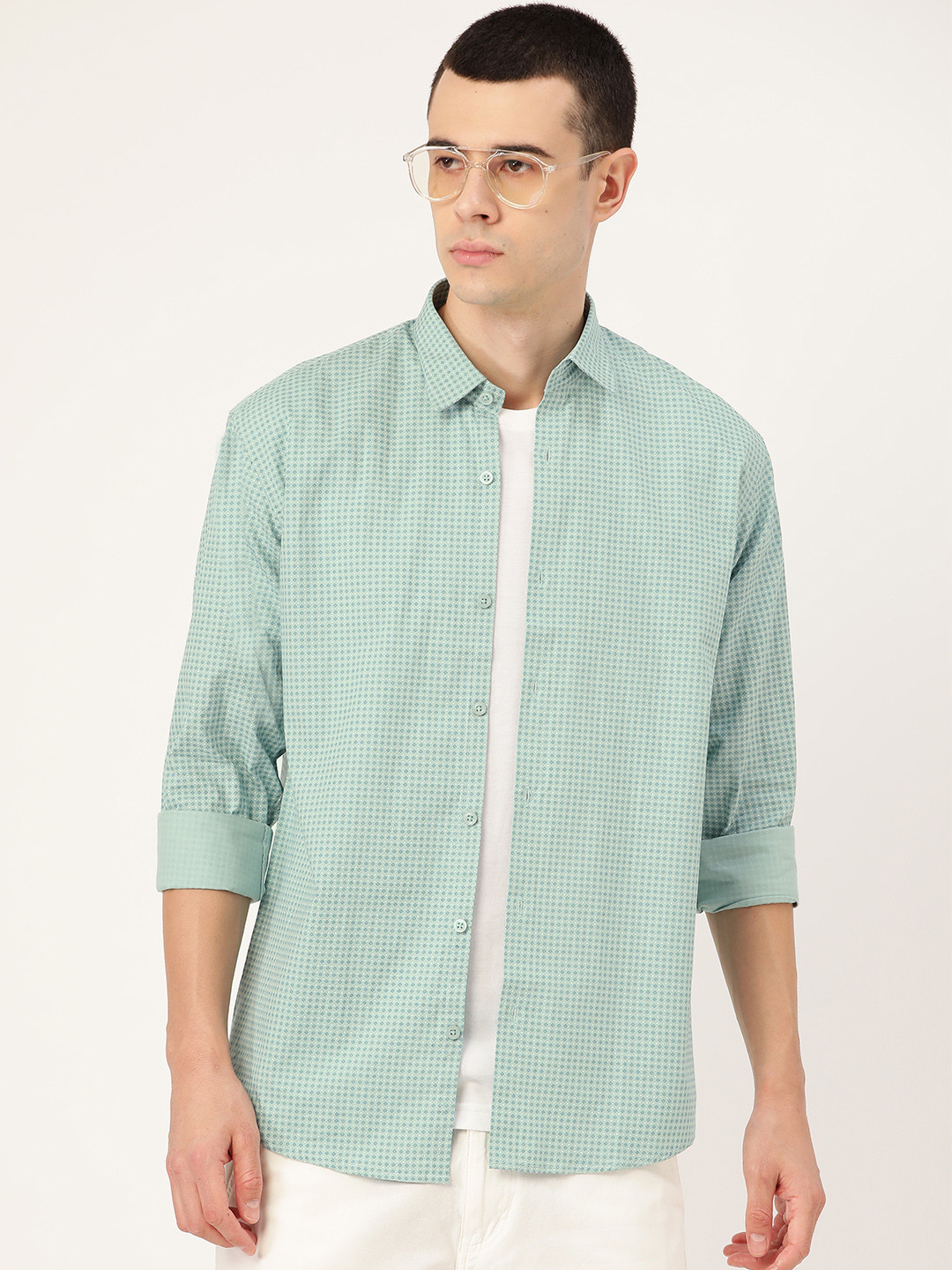 SOJANYA Men Sea Green & Blue Classic Regular Fit Printed Casual Shirt