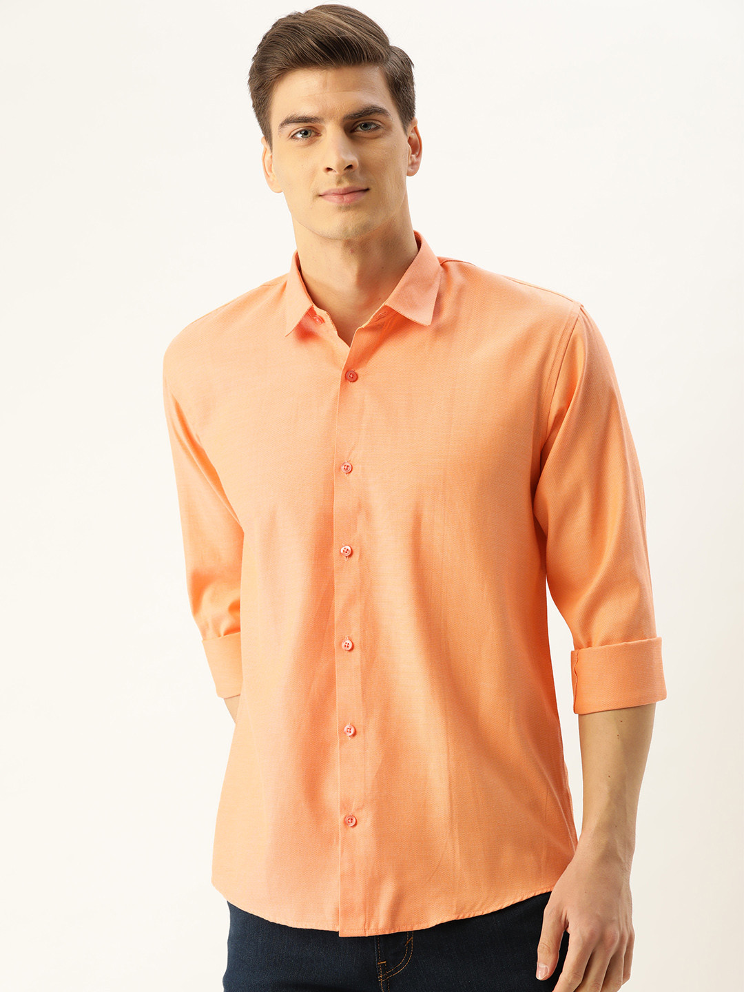 SOJANYA Men Dark Peach-Coloured Classic Regular Fit Self Design Casual Shirt