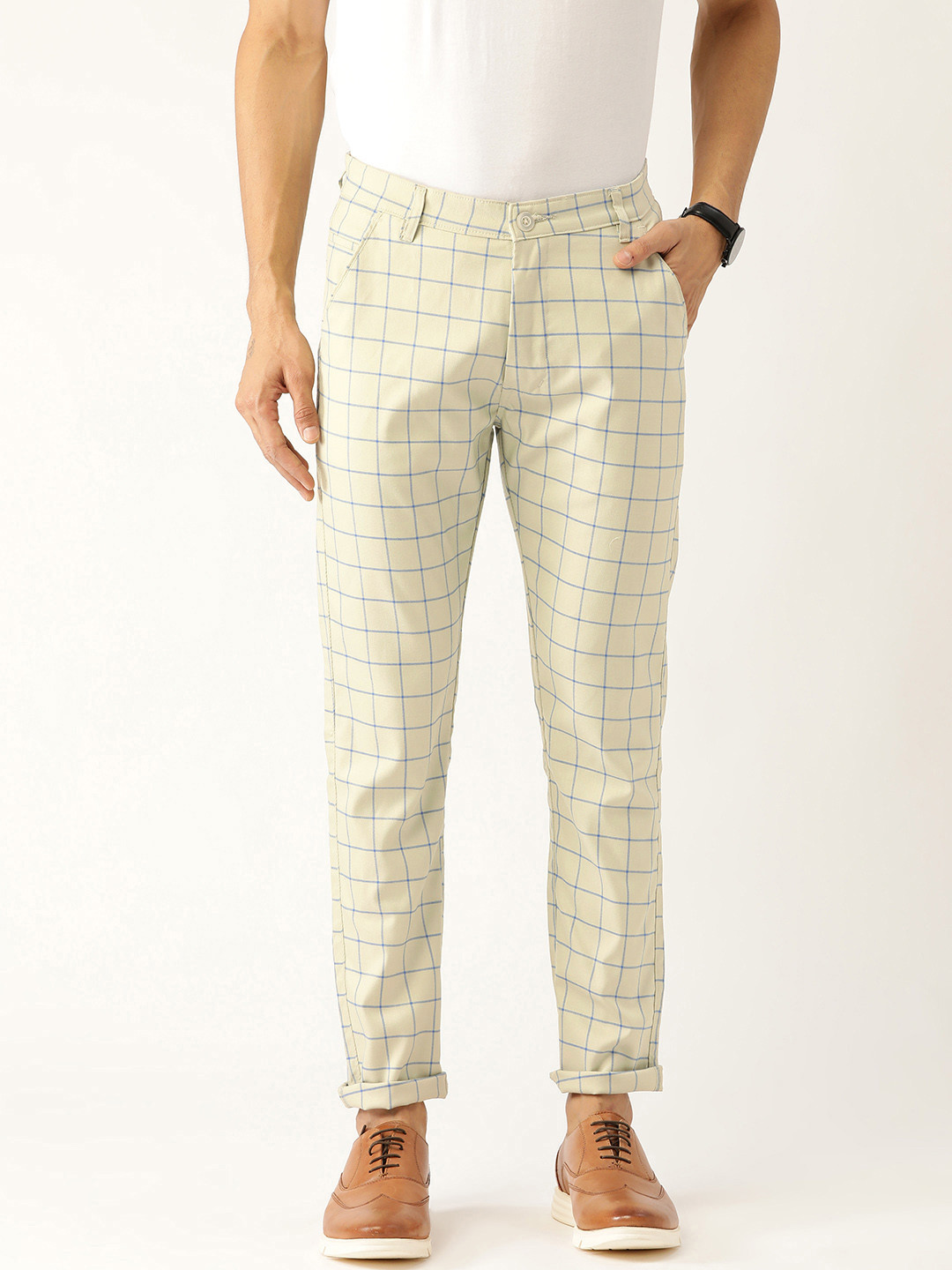 SOJANYA Men Green & Blue Smart Regular Fit Checked Trousers